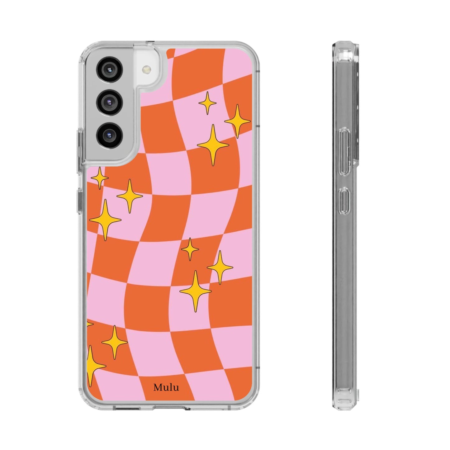 Clear Impact-Resistant Case — Retro Pink & Orange Checker with Sparkle Stars
