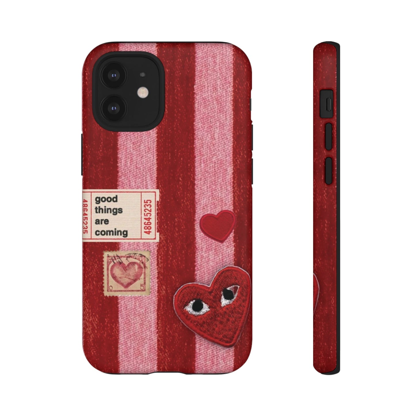 Phone Case — Red Striped Heart Design with “Good Things Are Coming”