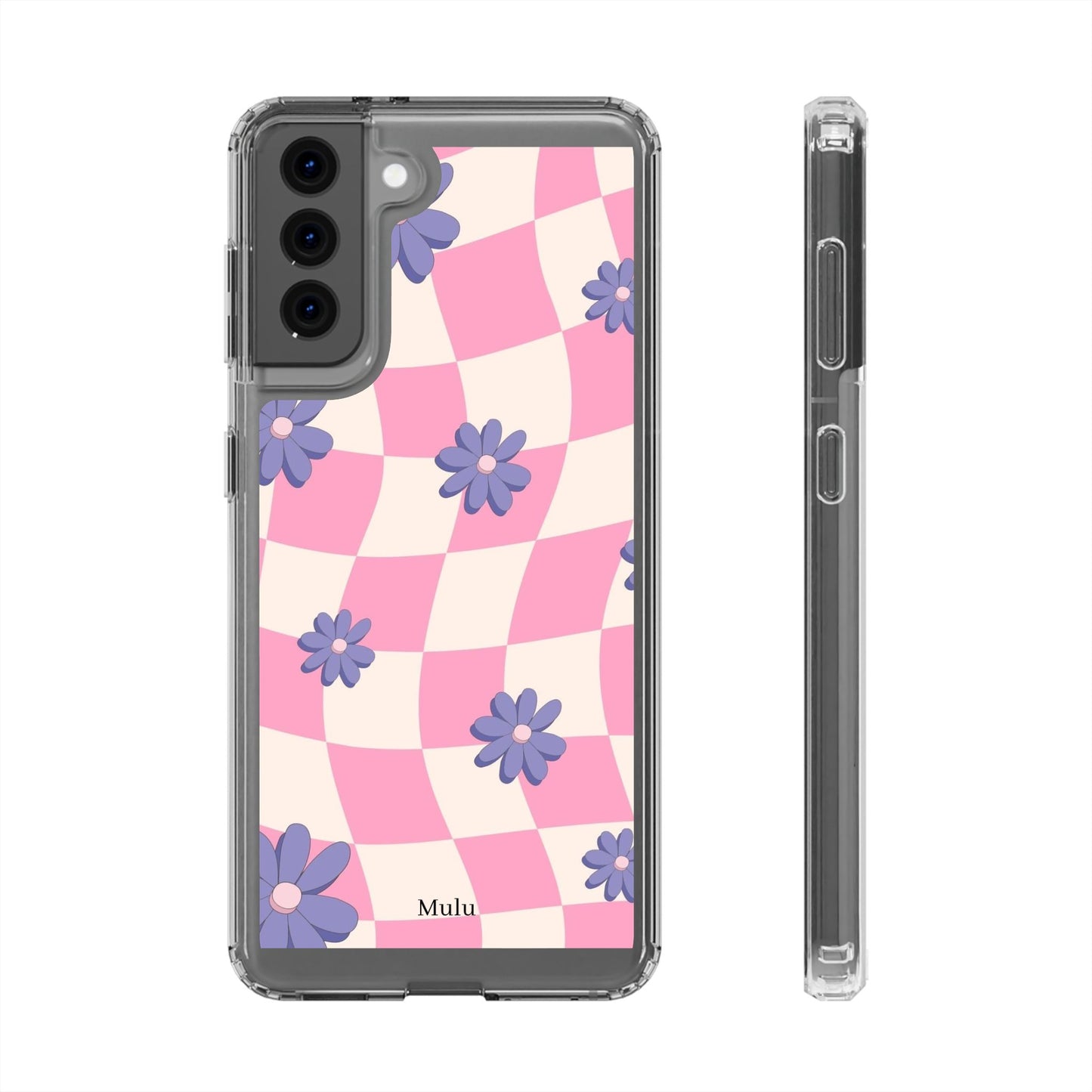Clear Impact Phone Case — Pink Checkerboard with Purple Flowers