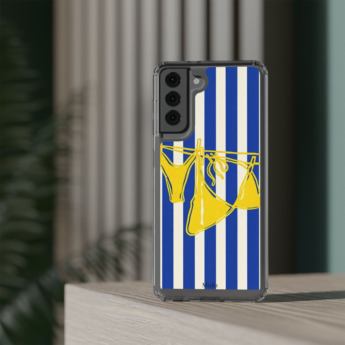 Striped Beach Bikini Phone Case — Yellow Swimwear on Blue & White Stripes, Clear Impact-Resistant