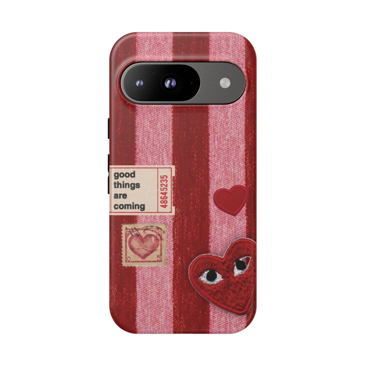 Phone Case — Red Striped Heart Design with “Good Things Are Coming”