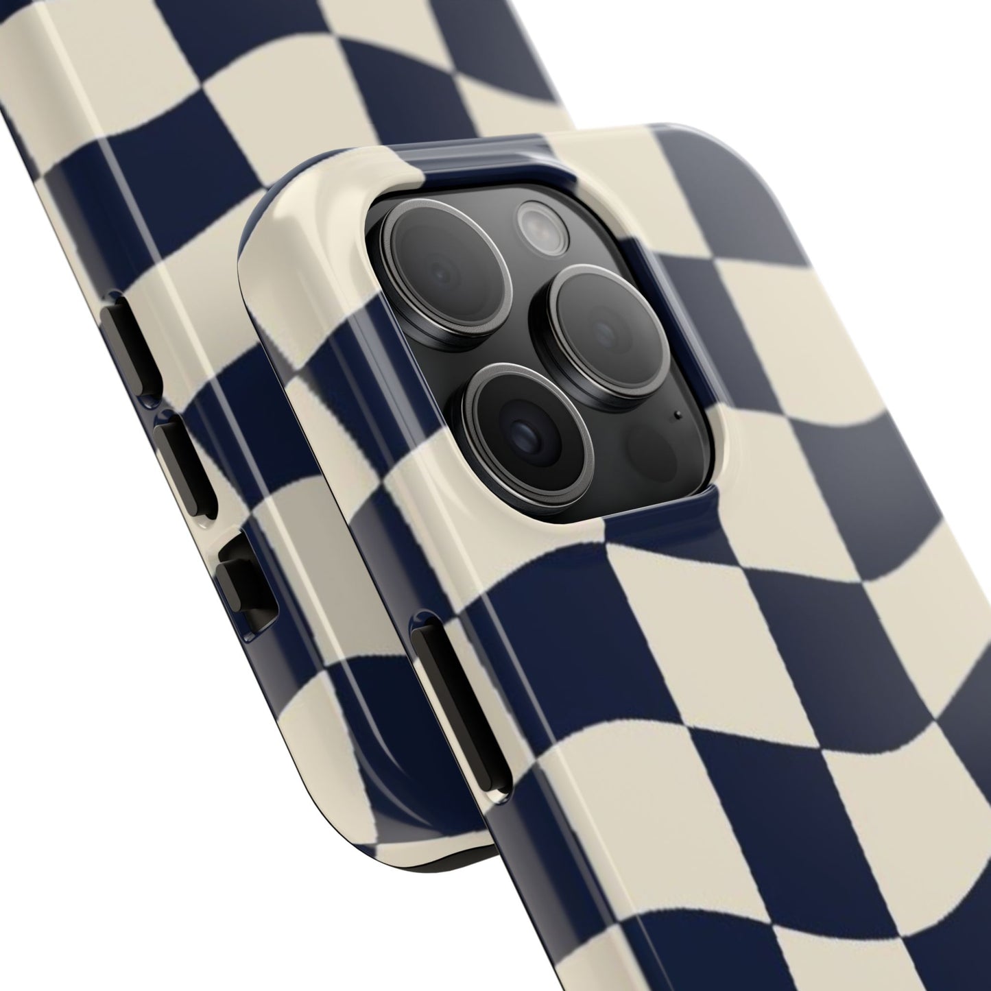 Wavy Checkerboard Tough Phone Case — Navy & Cream Protective Cover