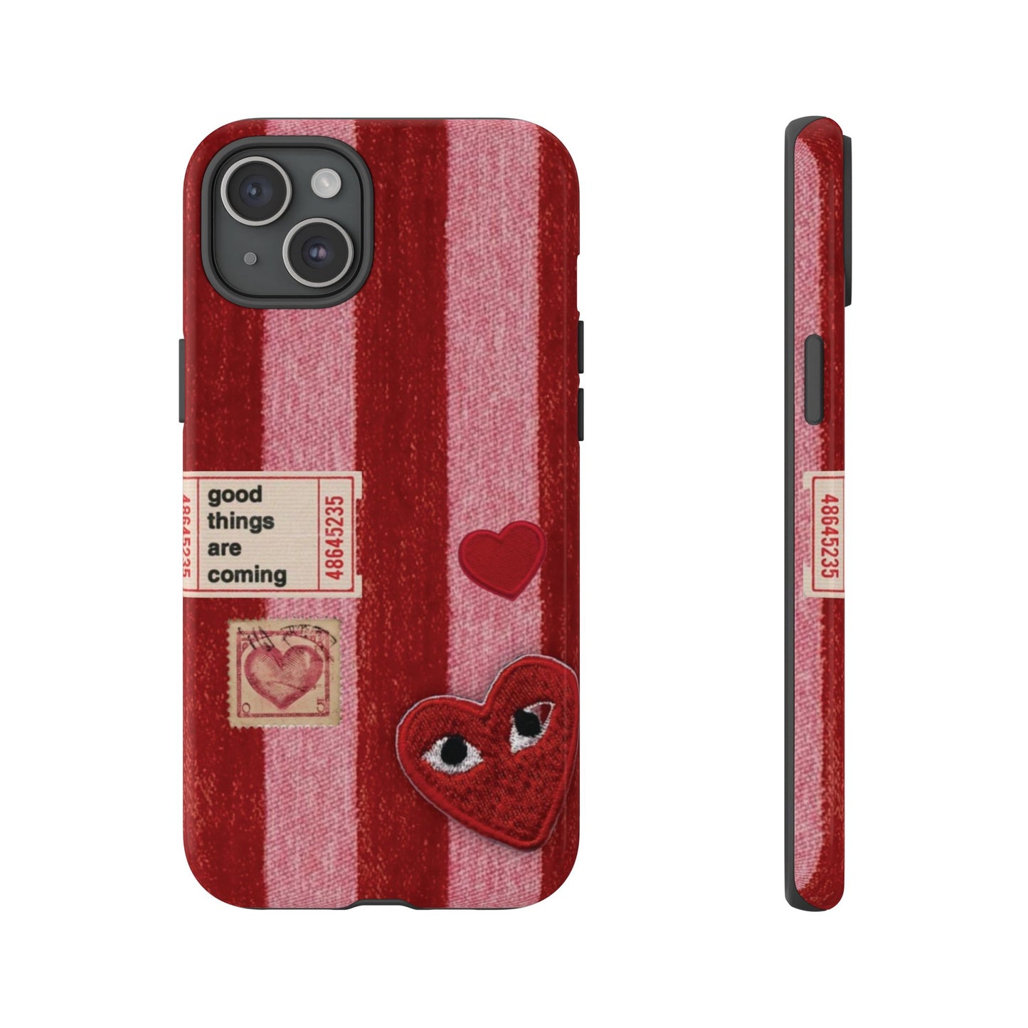 Phone Case — Red Striped Heart Design with “Good Things Are Coming”
