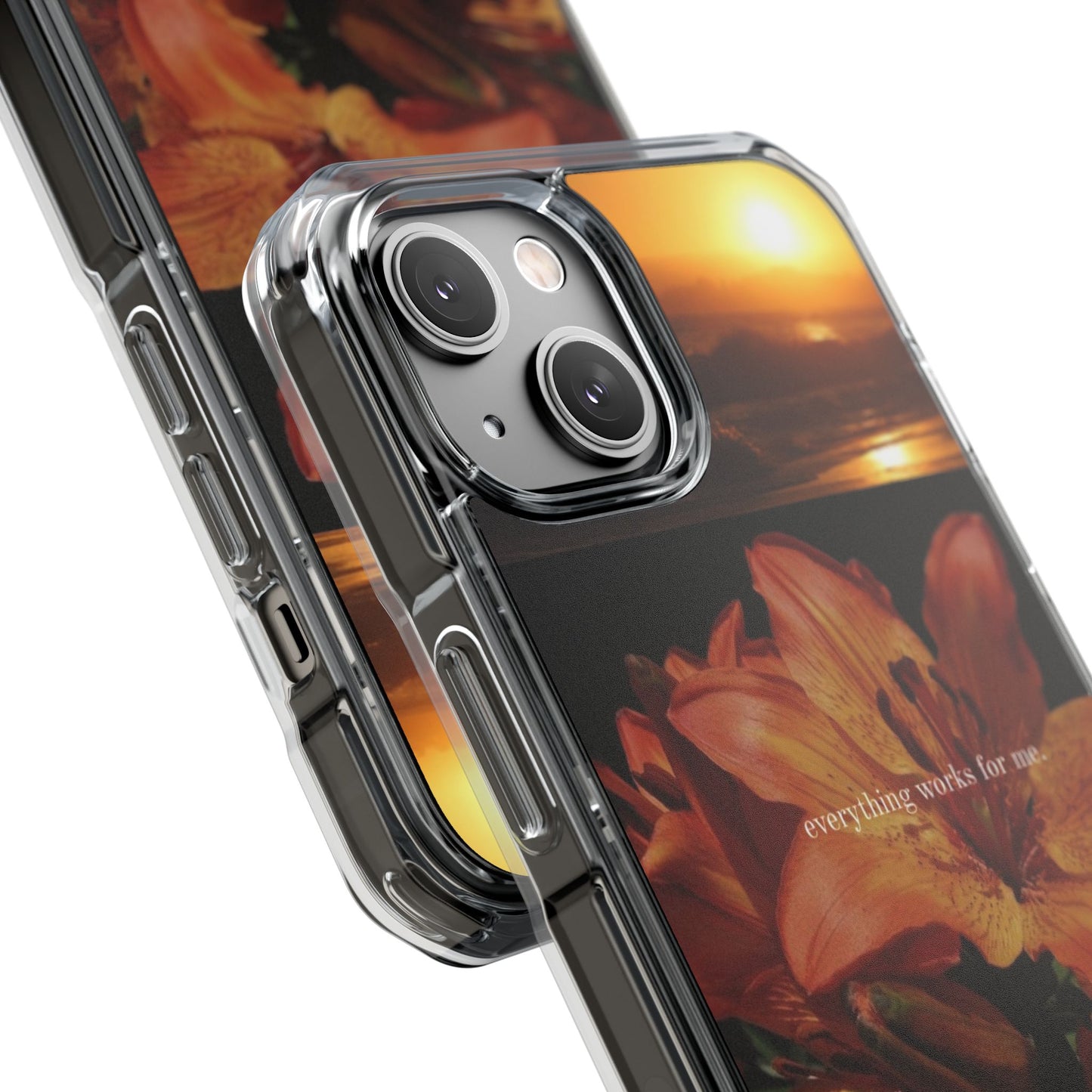 Clear Magnetic Phone Case — Sunset Lily Design ("anything waits for you")