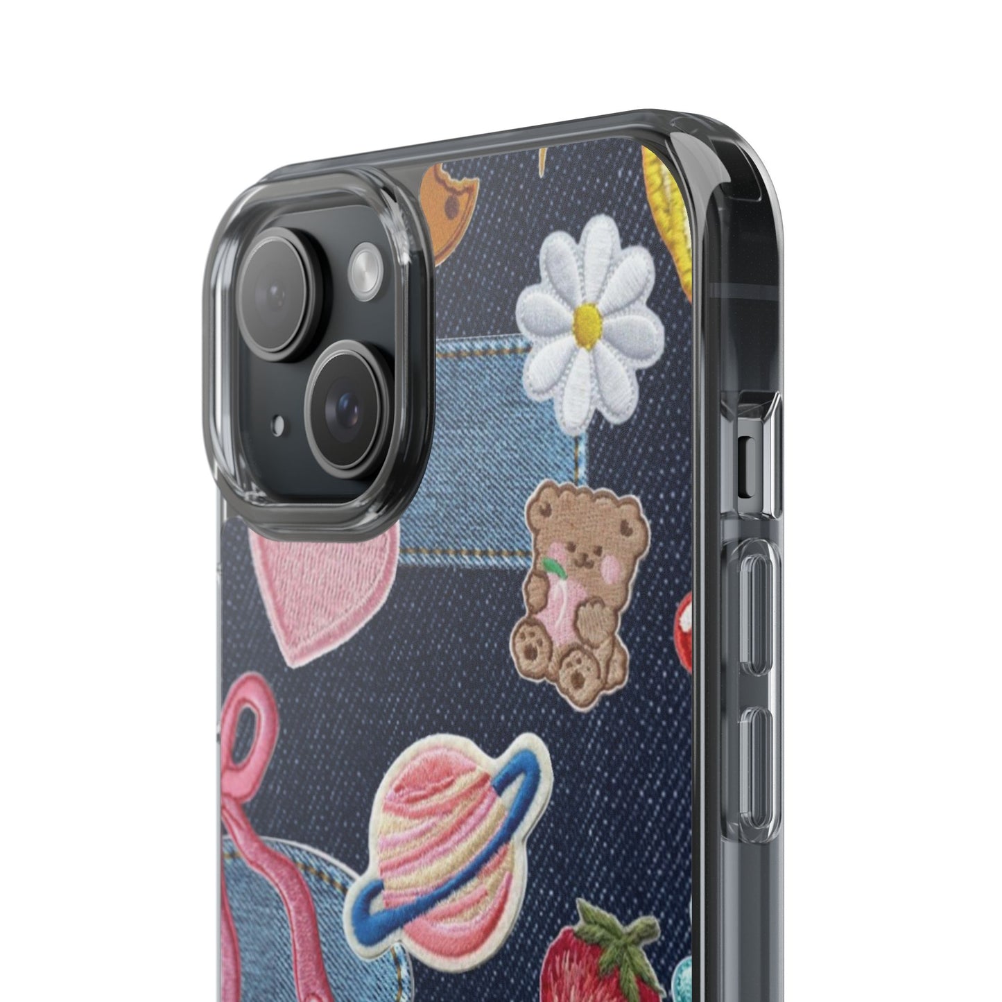 Clear Impact-Resistant Phone Case — Cute Denim Patch Collage (Teddy, Strawberry, Planet)