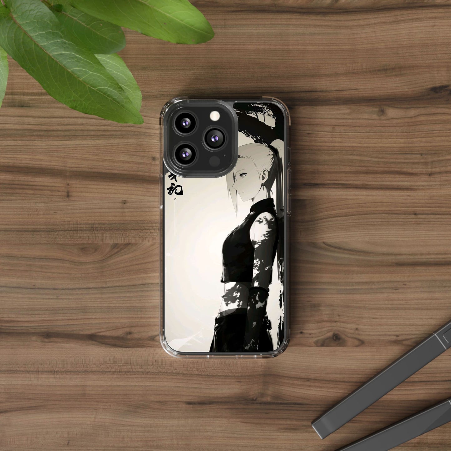 Anime Samurai Clear Phone Case — Monochrome Sumi-E Style
