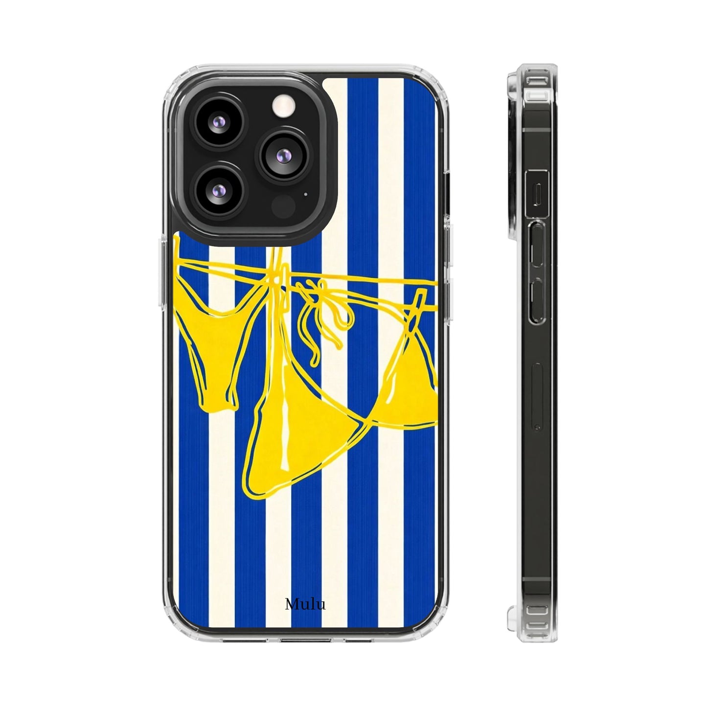 Striped Beach Bikini Phone Case — Yellow Swimwear on Blue & White Stripes, Clear Impact-Resistant