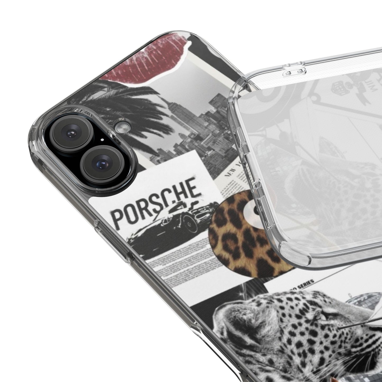 Clear Impact-Resistant Phone Case — Collage Luxury Leopard & Vintage Car Design