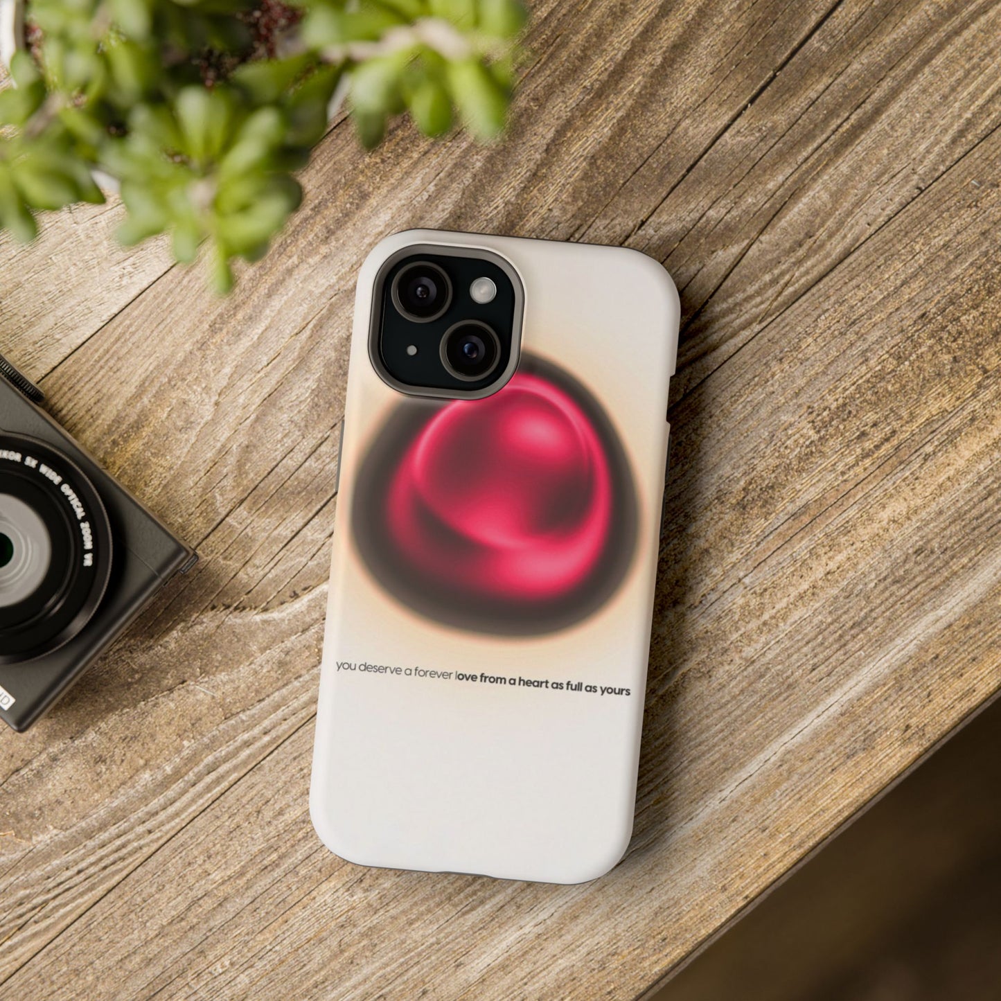 Protective Phone Case — Red Pearl Heart Design with 'You deserve a forever love' Text