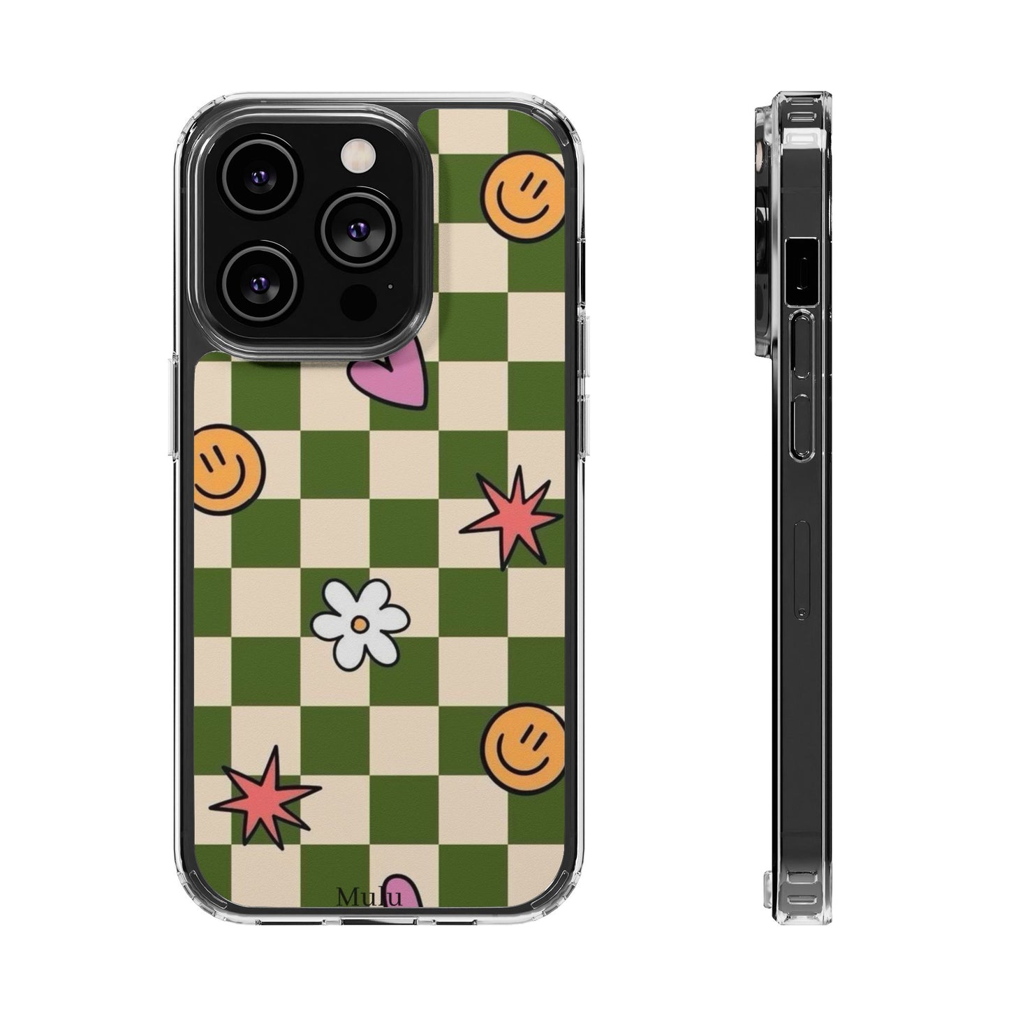 Clear Impact-Resistant Case — Retro Green Checkerboard with Smiley, Hearts & Flowers