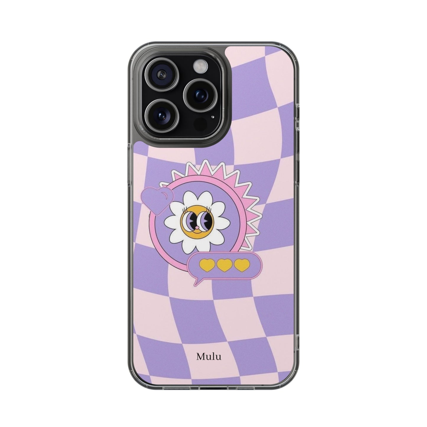 Clear Impact-Resistant Case — Cute Purple Checkerboard Dino with 'Mulu'