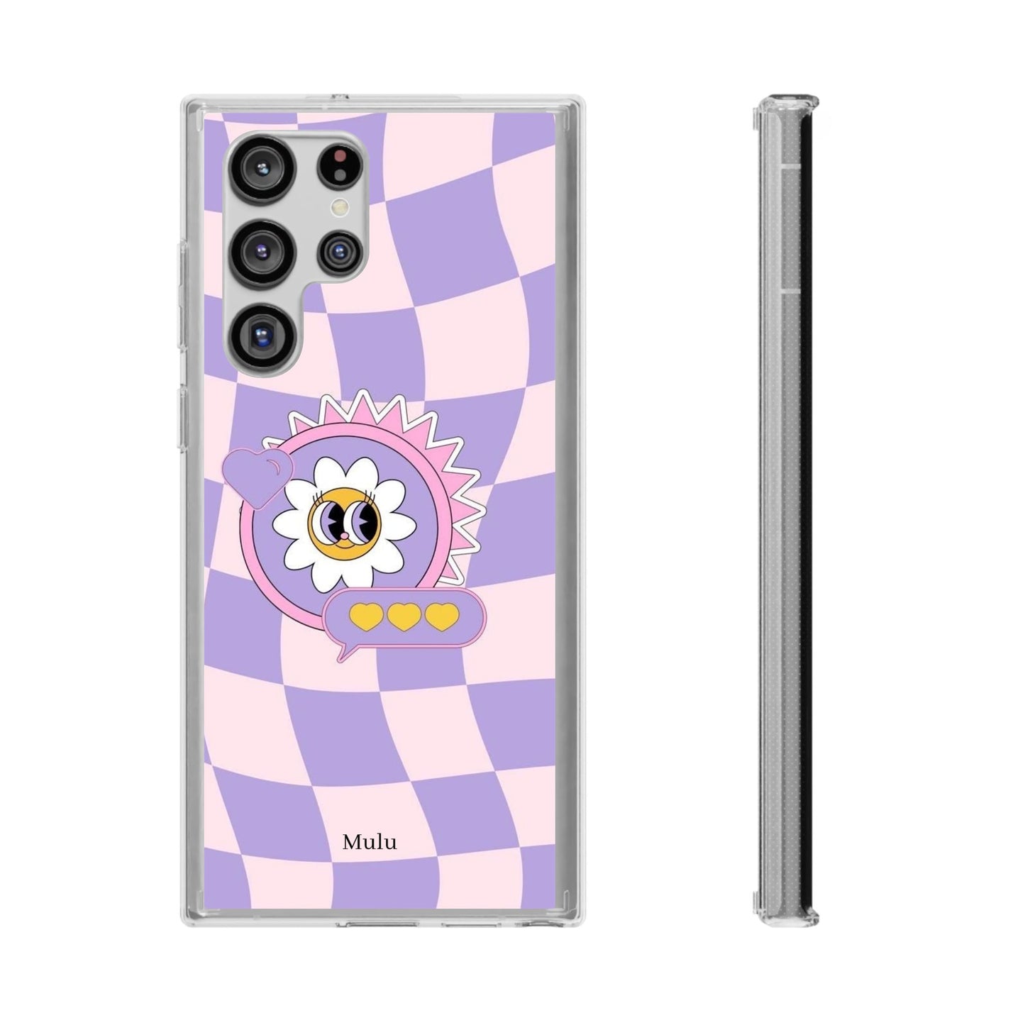 Clear Impact-Resistant Case — Cute Purple Checkerboard Dino with 'Mulu'