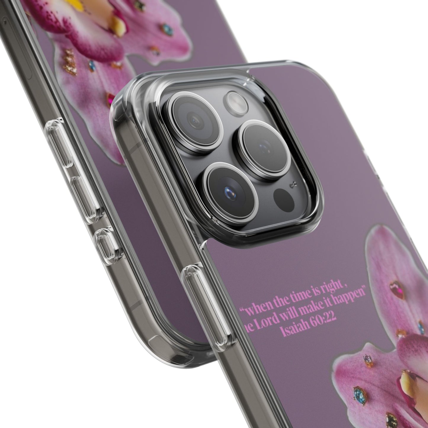 Clear Floral Impact-Resistant Phone Case — "When the time is right" Rose Orchid Design