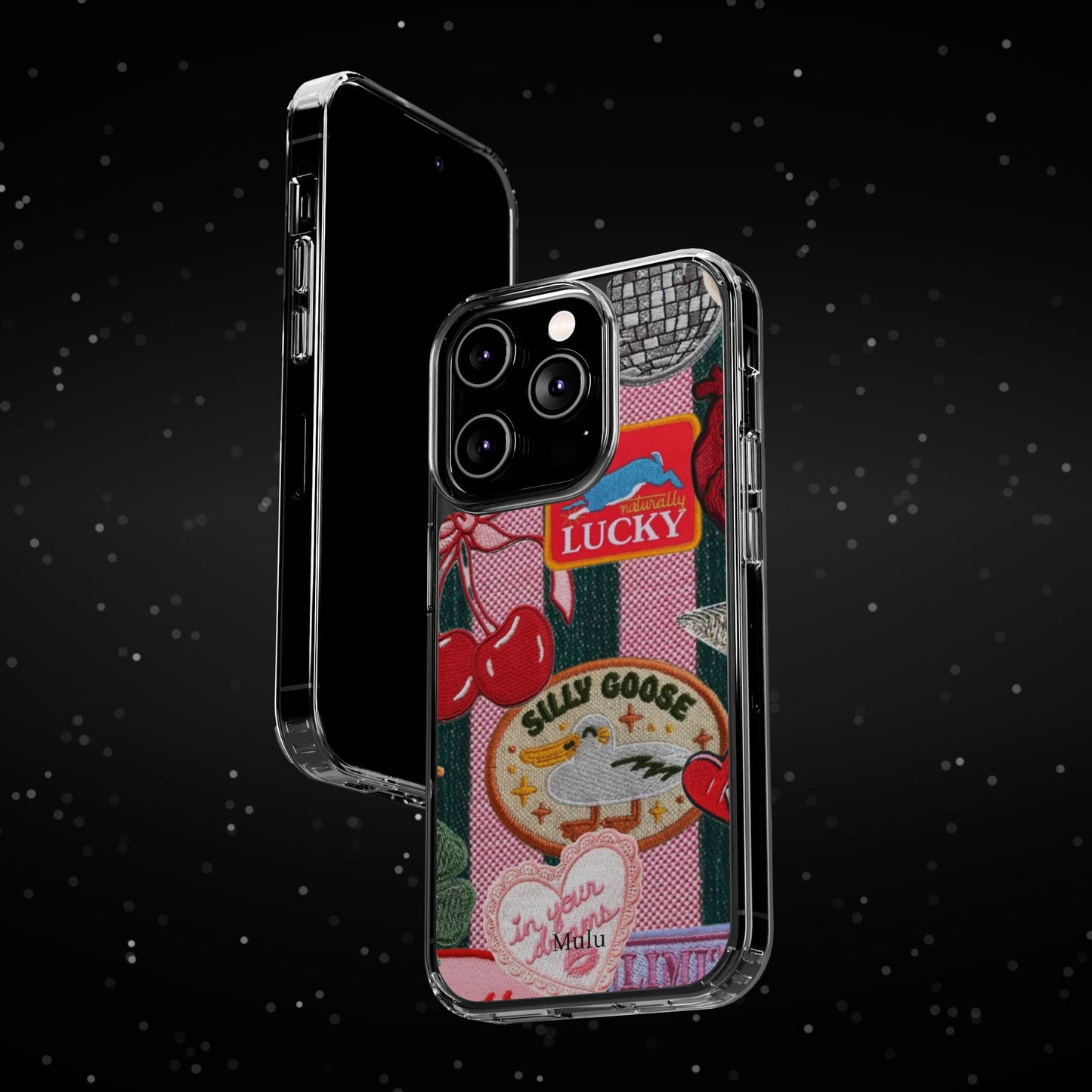 Clear Impact-Resistant Phone Case — Retro Patchwork Stickers (Lucky, Cherries, Silly Goose)