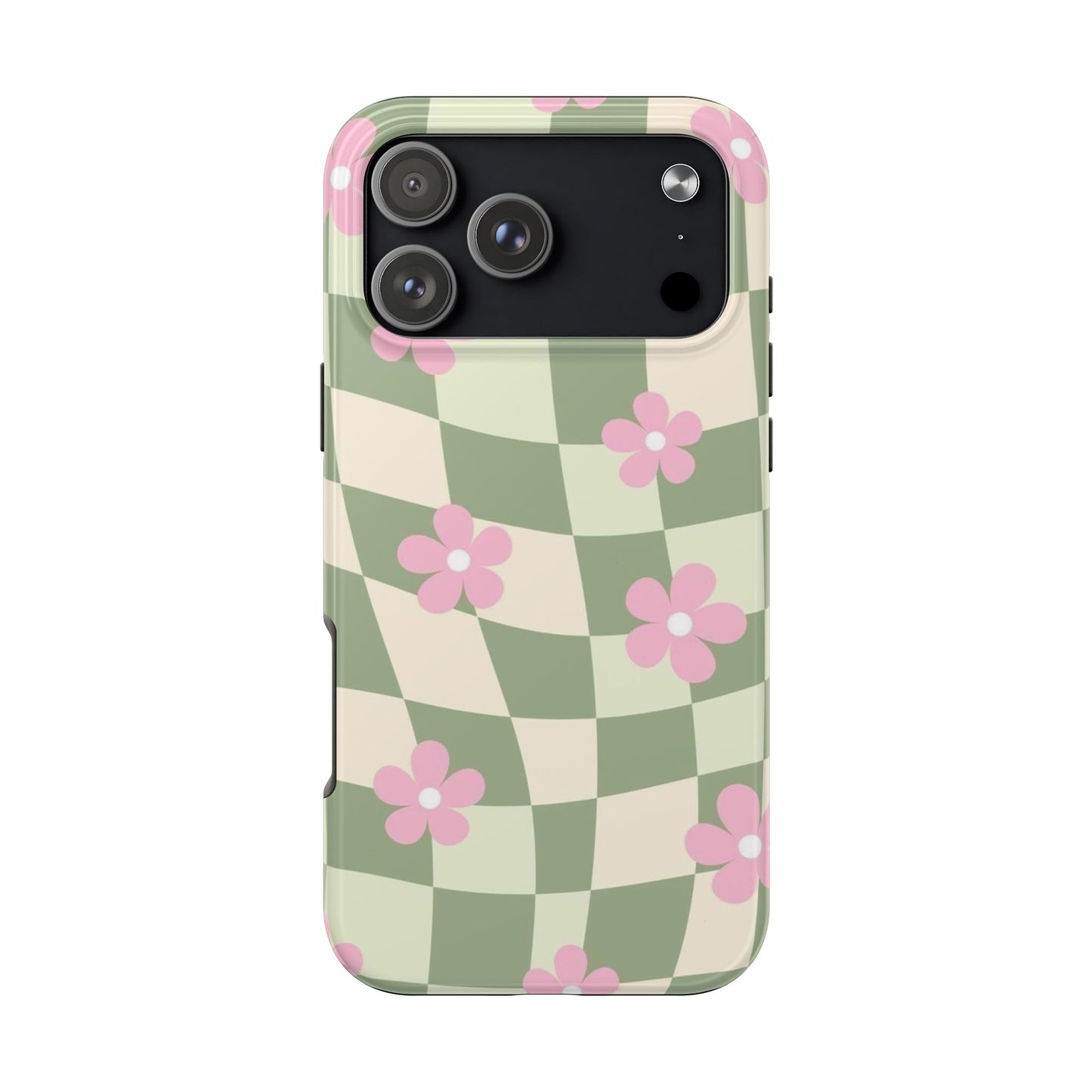 Tough Phone Case — Retro Green Checkerboard with Pink Flowers