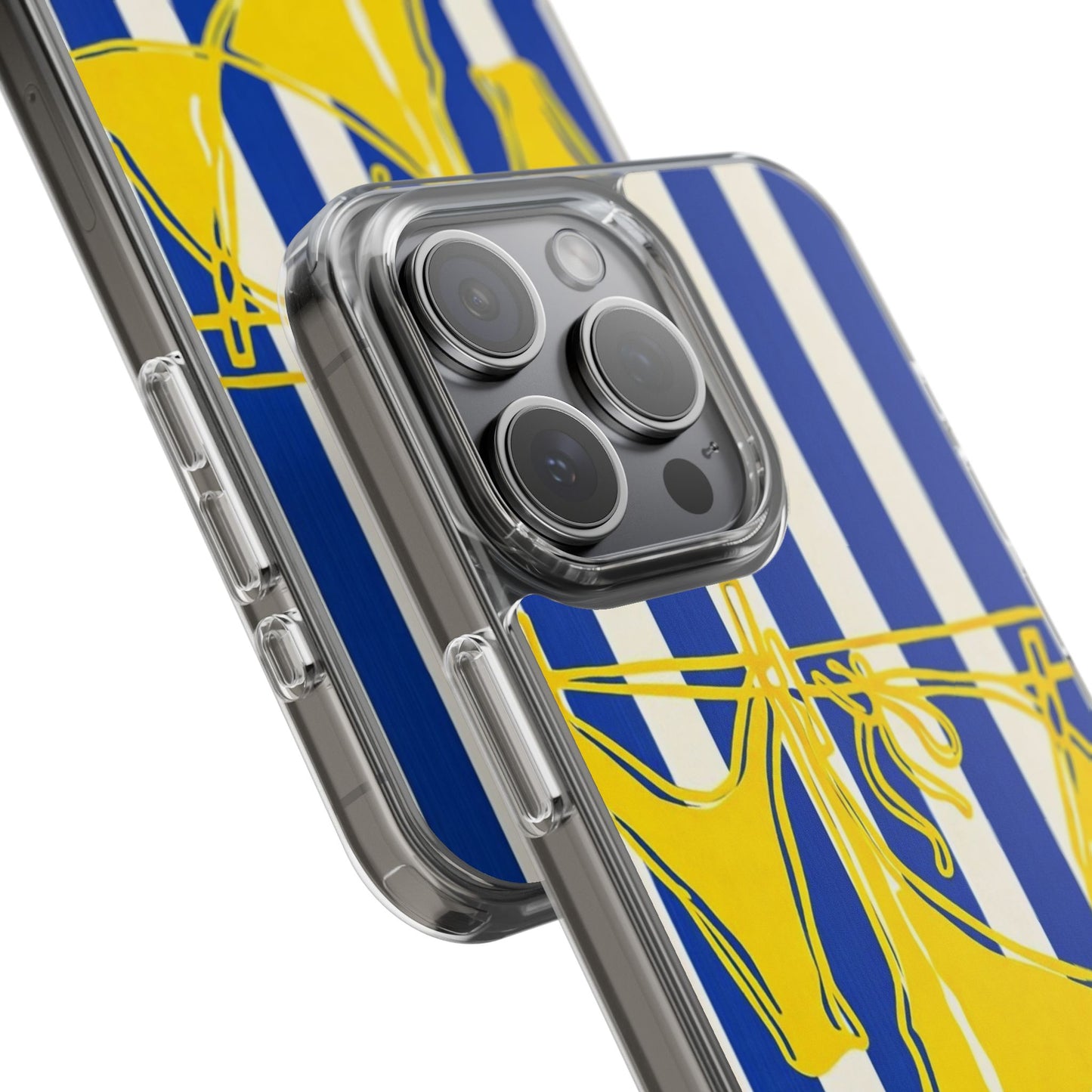 Striped Beach Bikini Phone Case — Yellow Swimwear on Blue & White Stripes, Clear Impact-Resistant