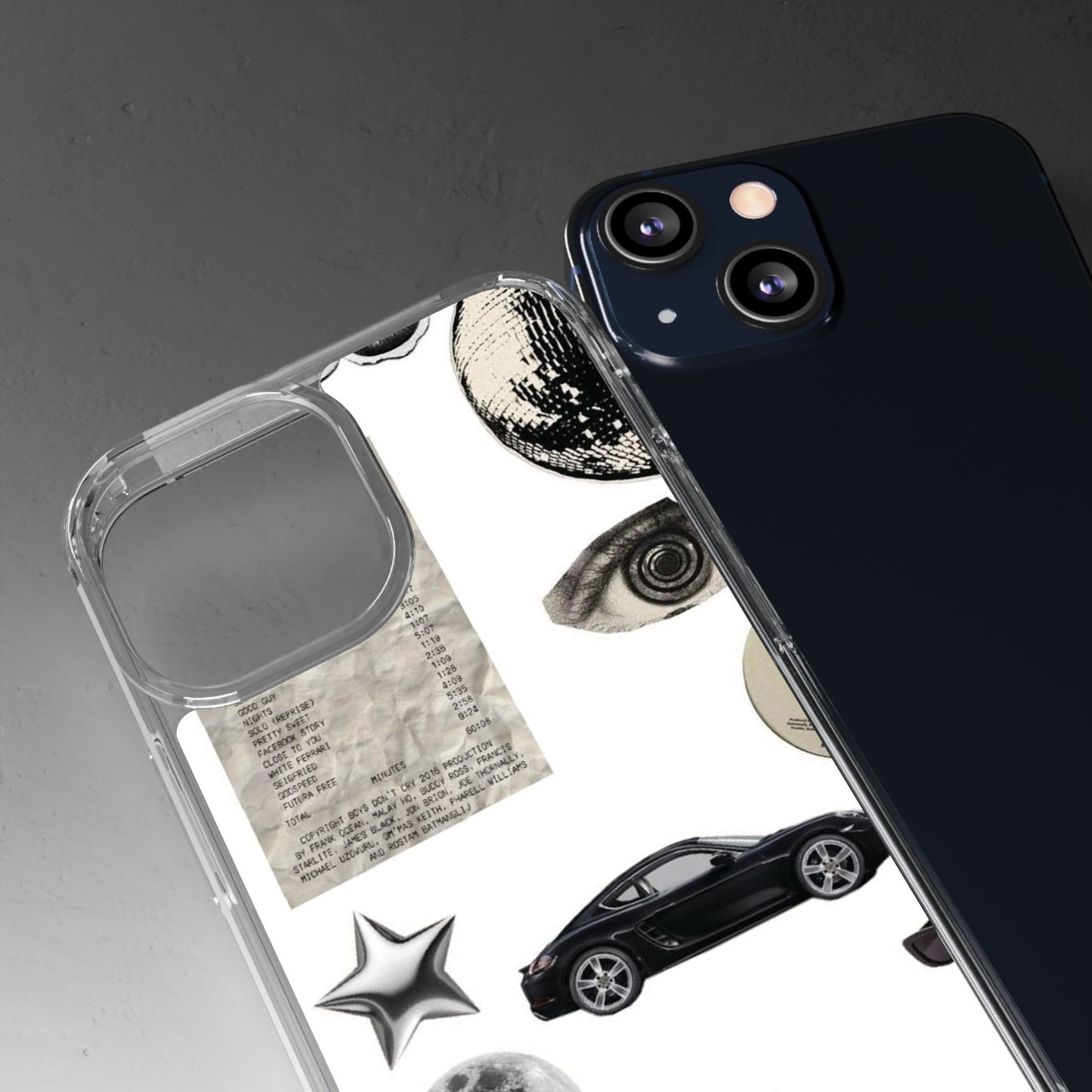 Clear Phone Case — Vintage Collage Stickers (Moon, Eye, Car, Cherries)