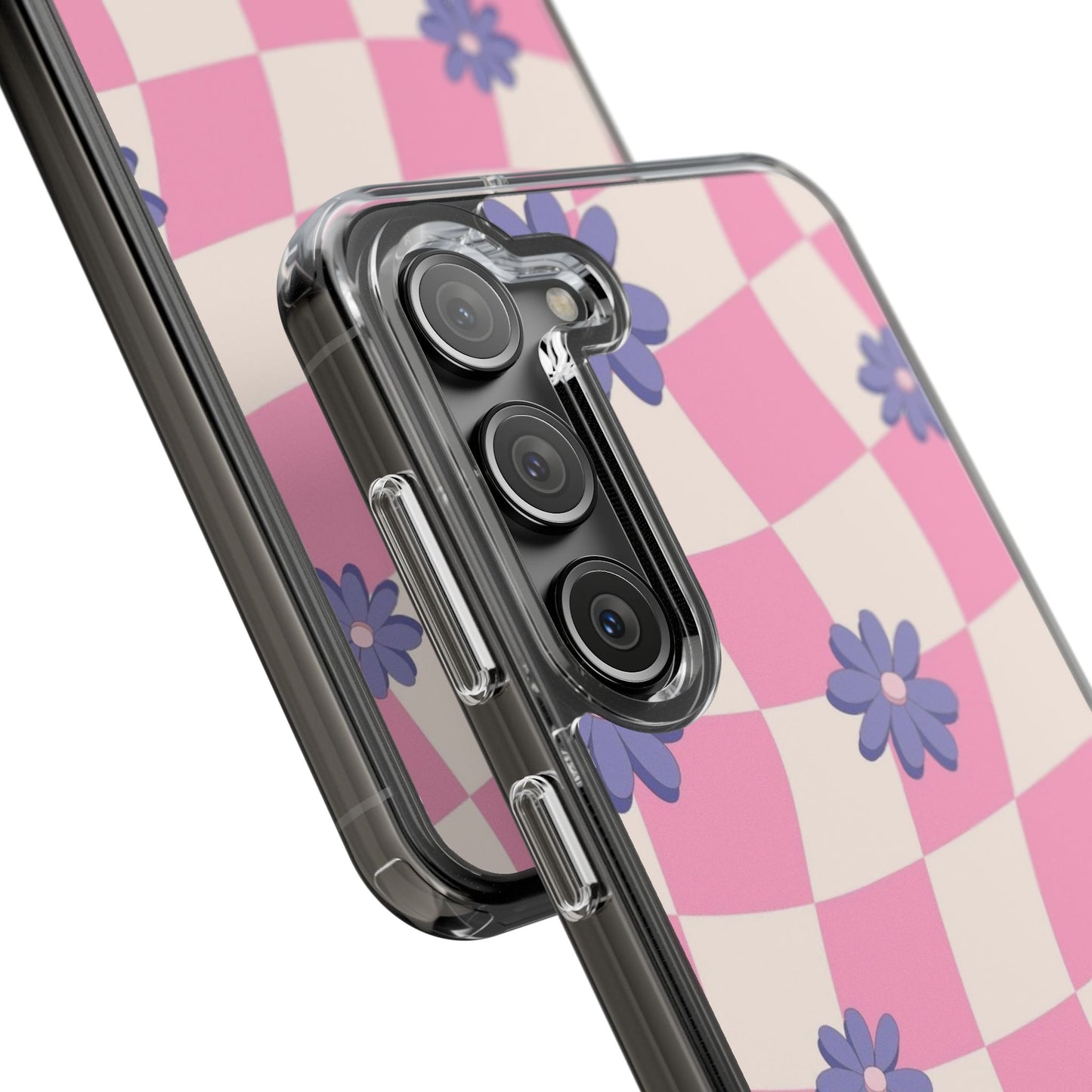 Clear Impact Phone Case — Pink Checkerboard with Purple Flowers