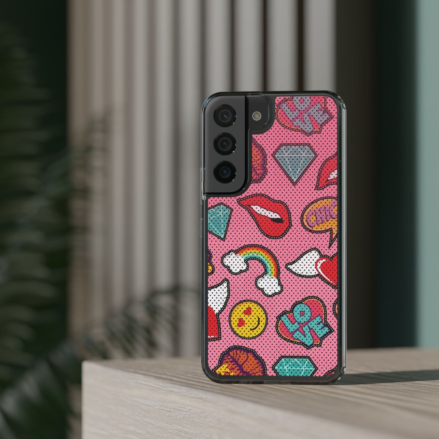 Clear Impact-Resistant Phone Case — Pink Pop Sticker Pattern (Hearts, Rainbows, Smileys)