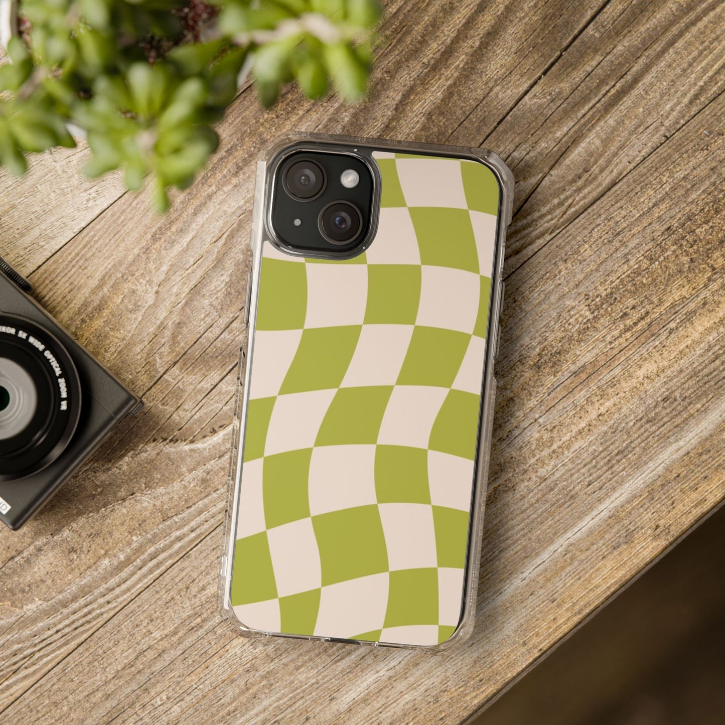 Clear Magnetic Phone Case — Olive Retro Check Pattern
