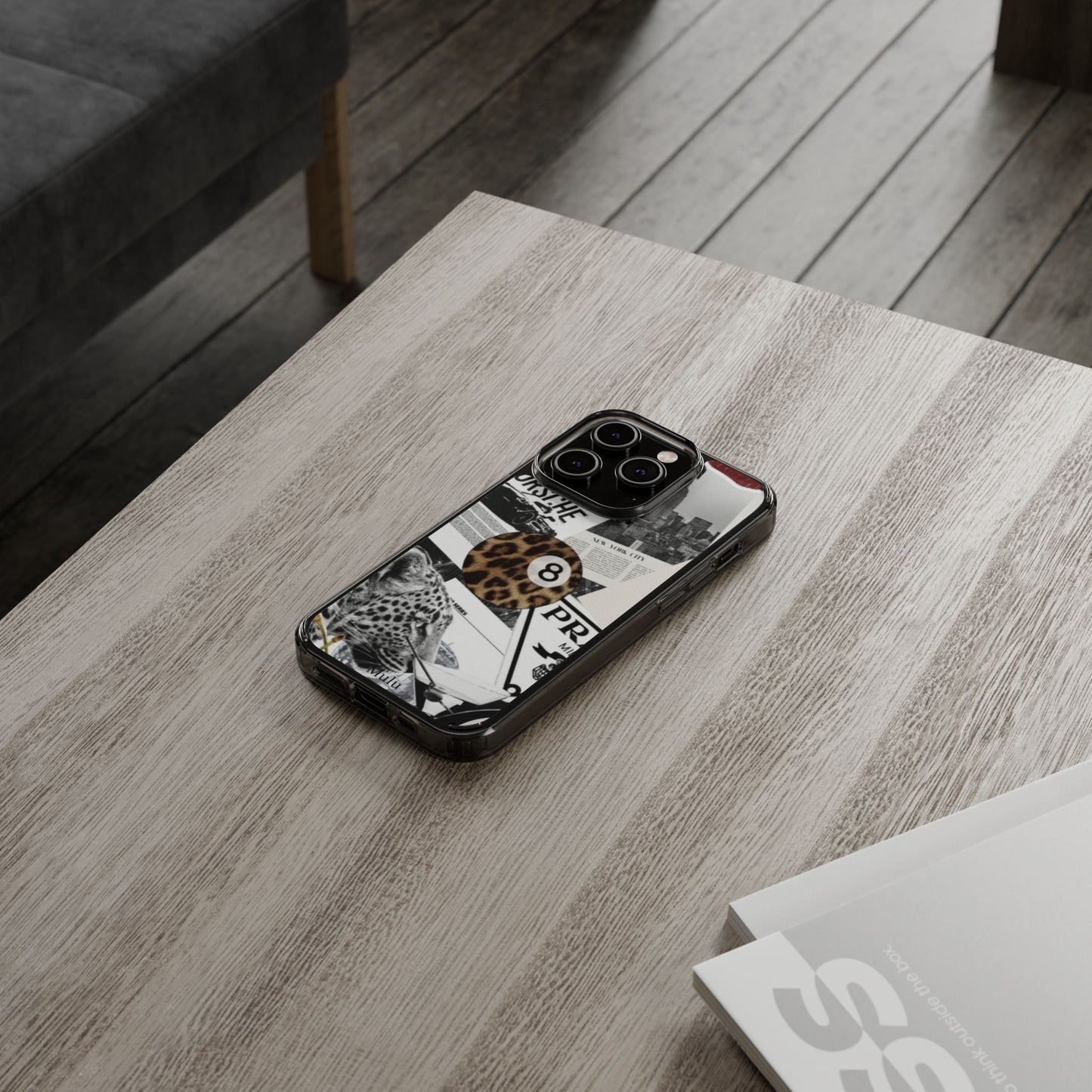 Clear Impact-Resistant Phone Case — Collage Luxury Leopard & Vintage Car Design