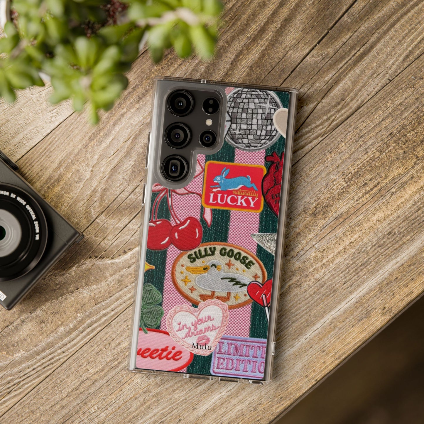 Clear Impact-Resistant Phone Case — Retro Patchwork Stickers (Lucky, Cherries, Silly Goose)