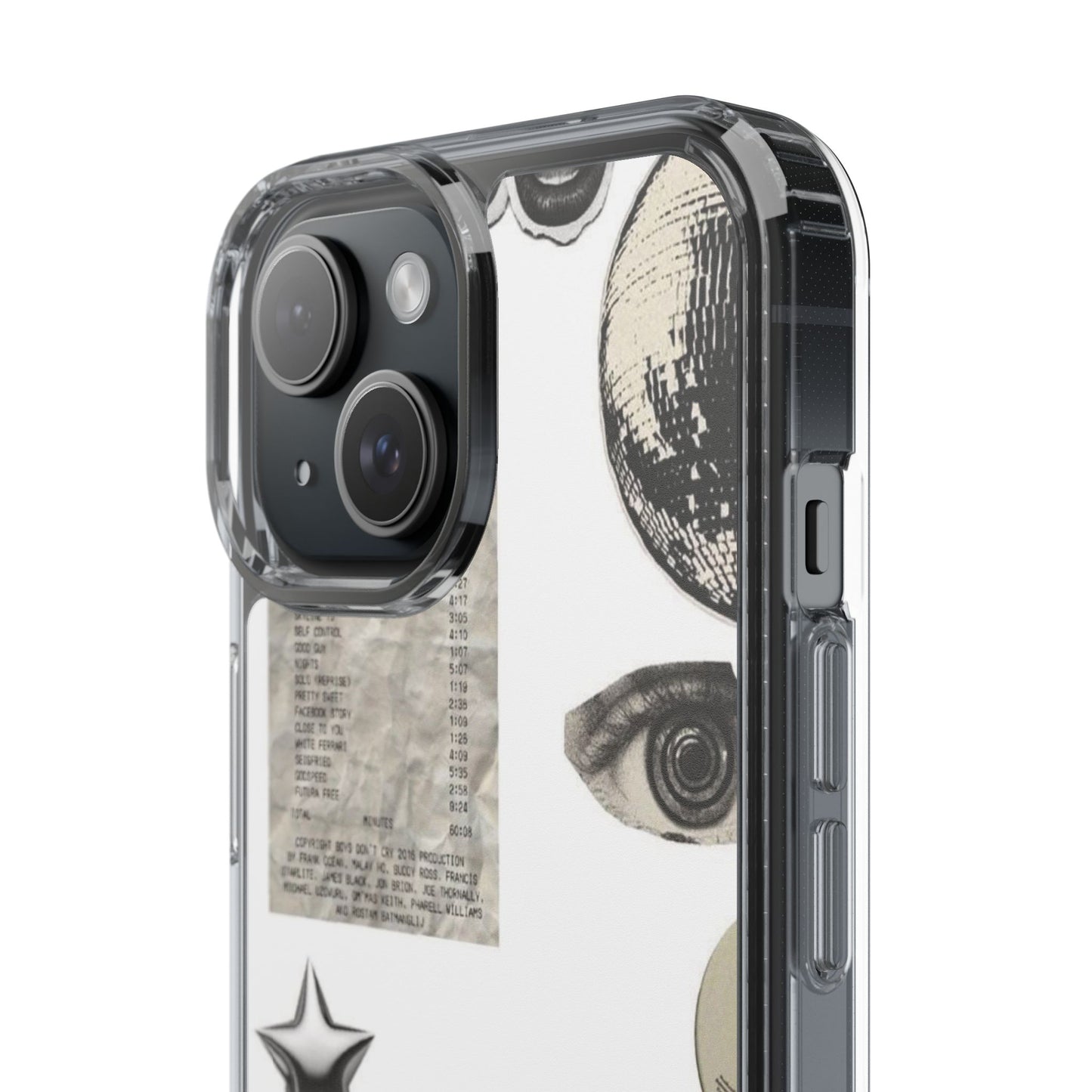 Clear Phone Case — Vintage Collage Stickers (Moon, Eye, Car, Cherries)