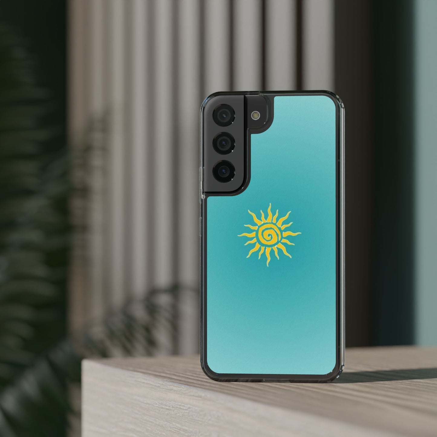 Clear Impact-Resistant Phone Case — Yellow Sun on Teal Gradient