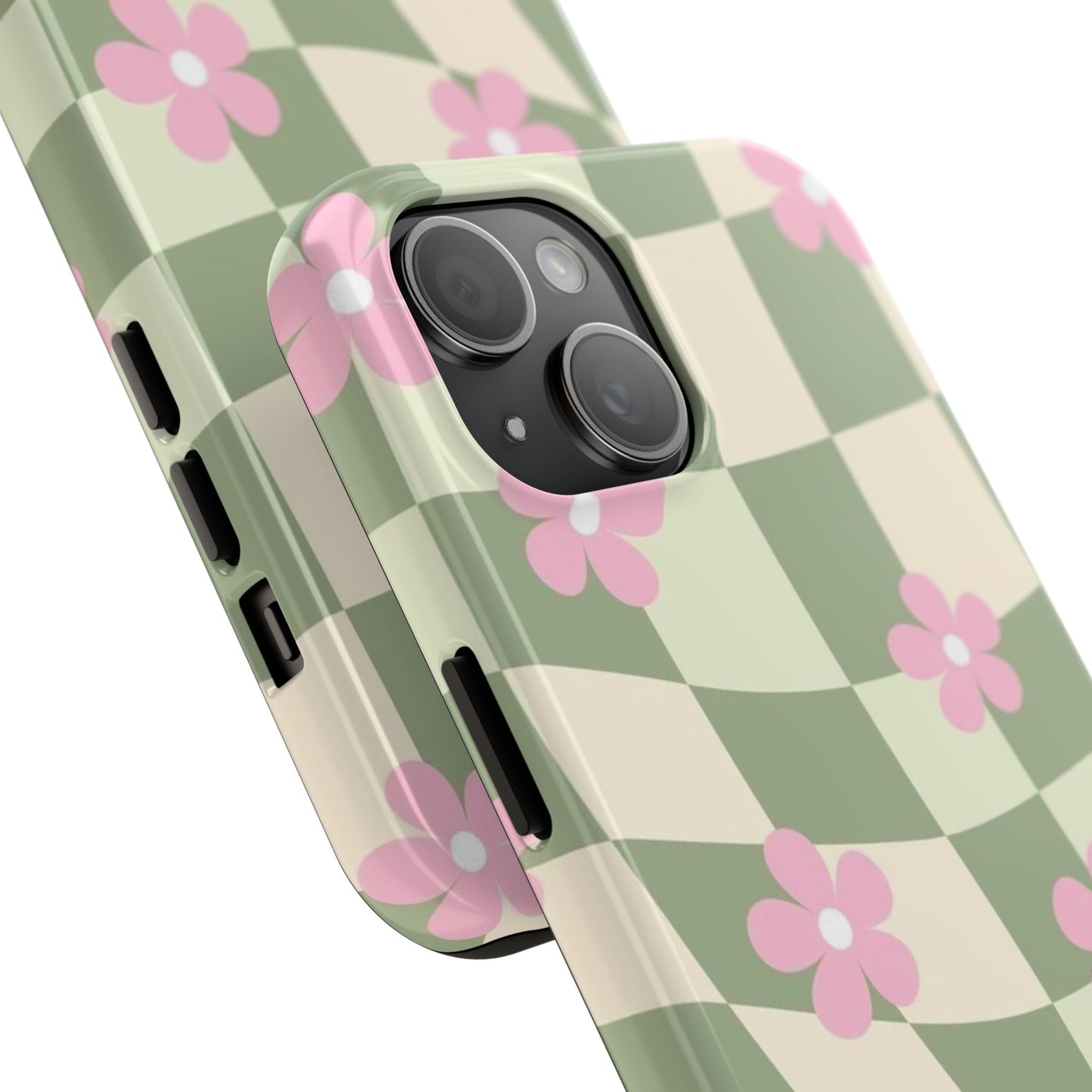 Tough Phone Case — Retro Green Checkerboard with Pink Flowers