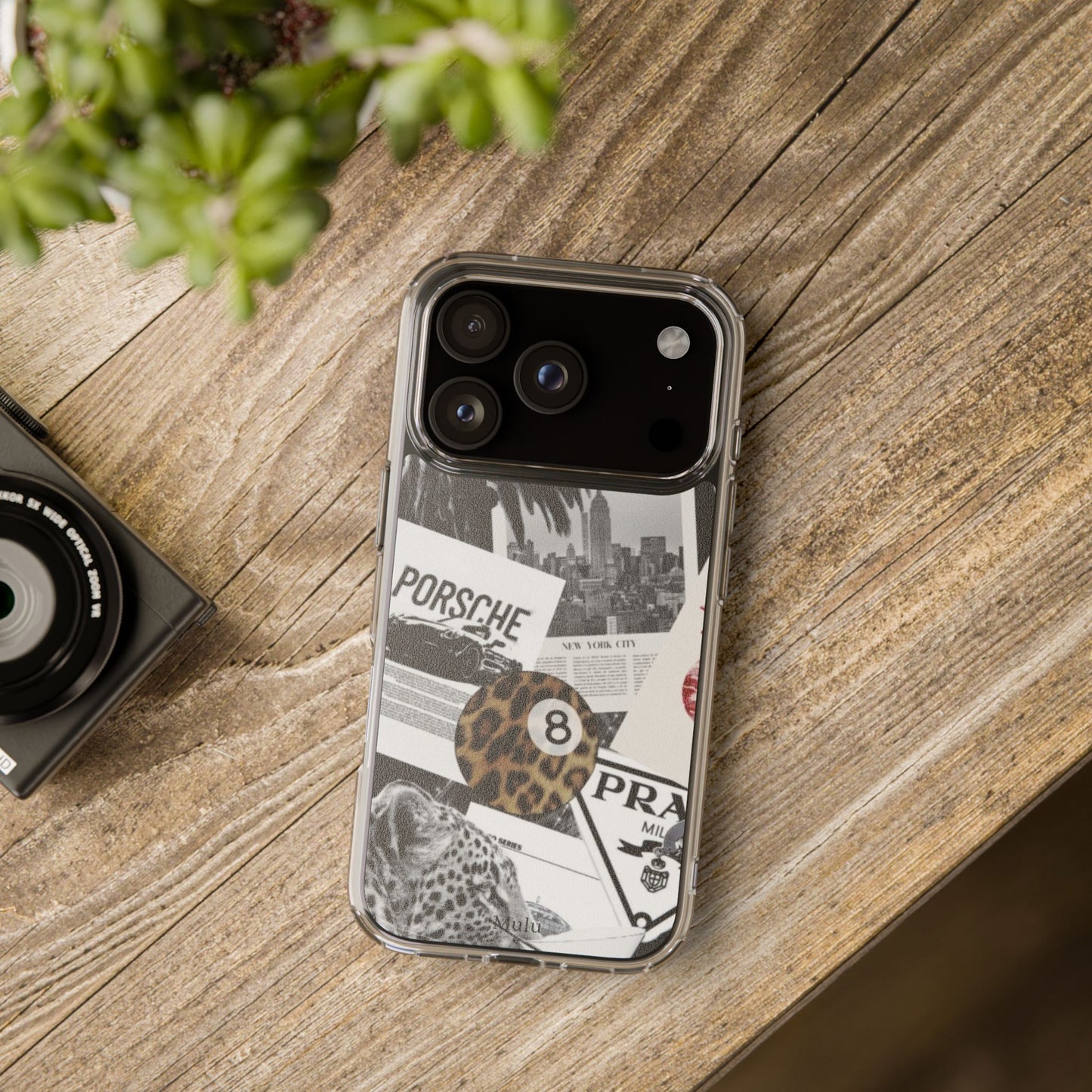 Clear Impact-Resistant Phone Case — Collage Luxury Leopard & Vintage Car Design