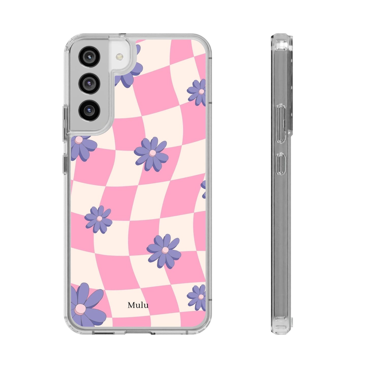 Clear Impact Phone Case — Pink Checkerboard with Purple Flowers