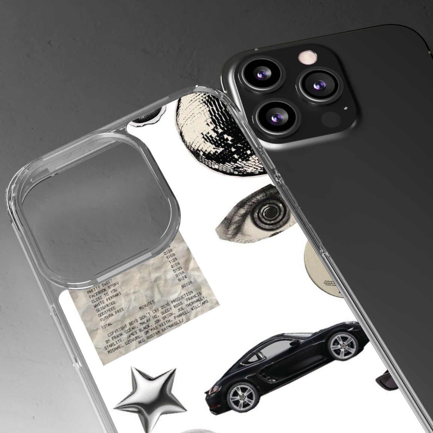 Clear Phone Case — Vintage Collage Stickers (Moon, Eye, Car, Cherries)