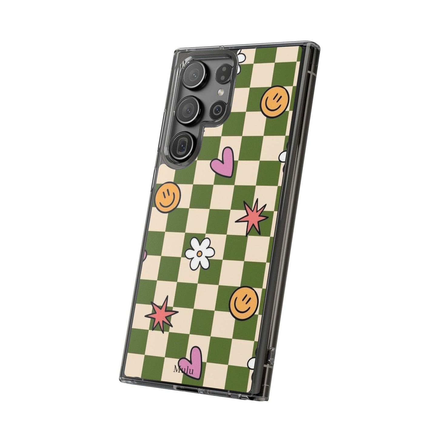 Clear Impact-Resistant Case — Retro Green Checkerboard with Smiley, Hearts & Flowers