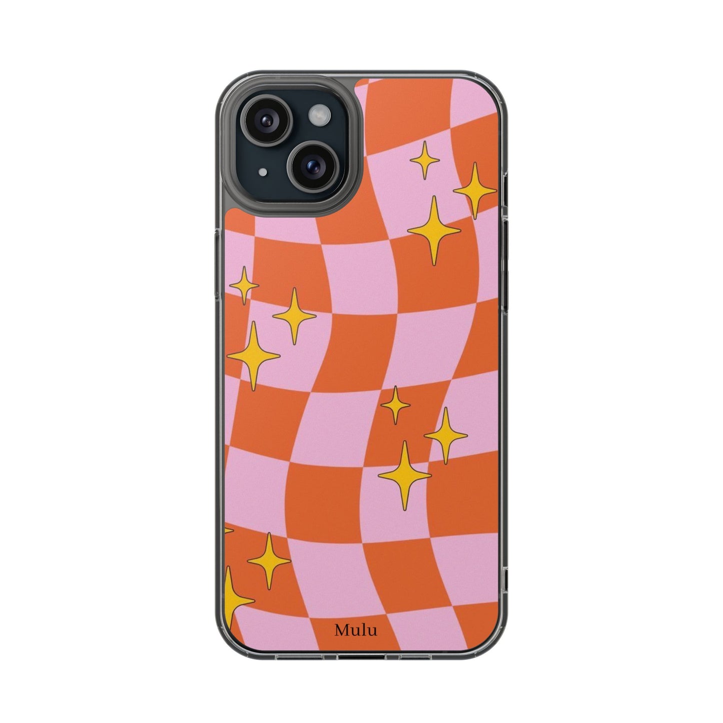 Clear Impact-Resistant Case — Retro Pink & Orange Checker with Sparkle Stars
