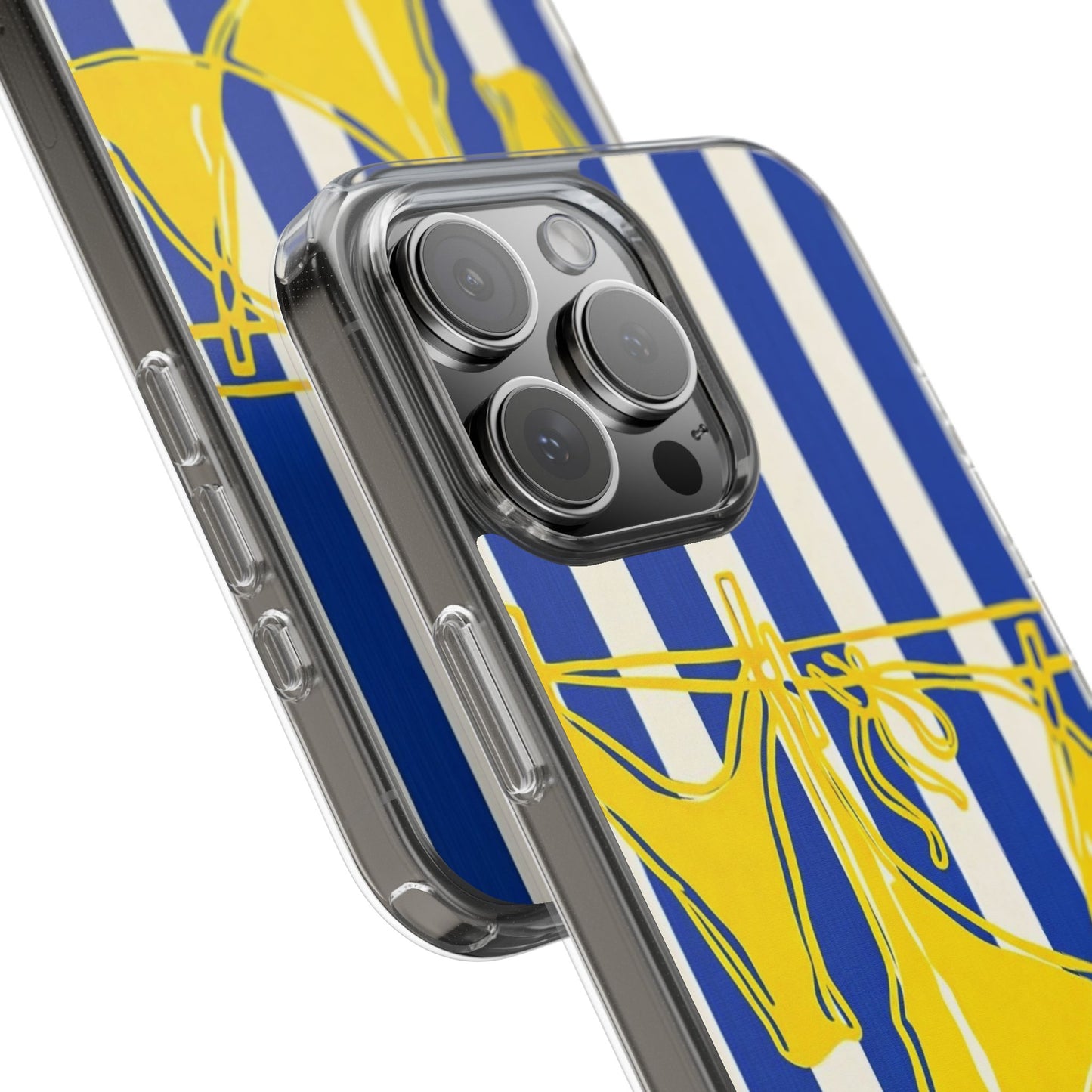 Striped Beach Bikini Phone Case — Yellow Swimwear on Blue & White Stripes, Clear Impact-Resistant
