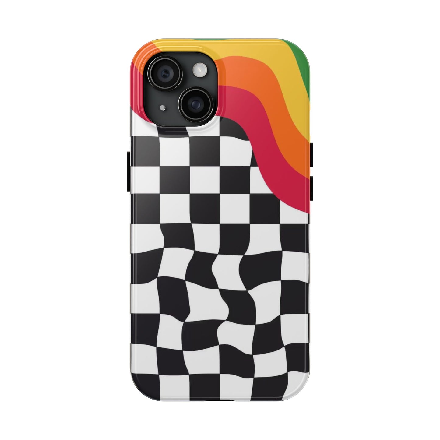 Retro Wavy Checkerboard Tough Phone Case — Rainbow Surf Skate Design