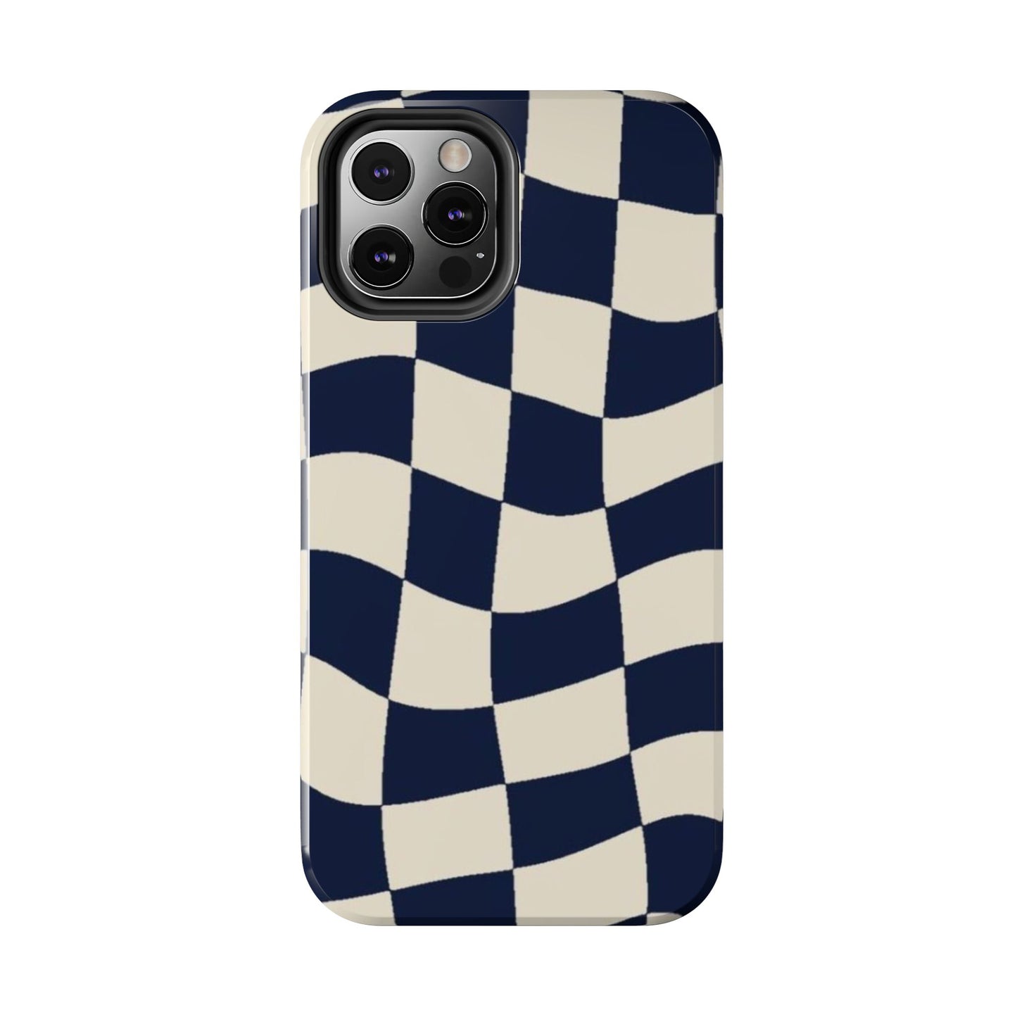 Wavy Checkerboard Tough Phone Case — Navy & Cream Protective Cover