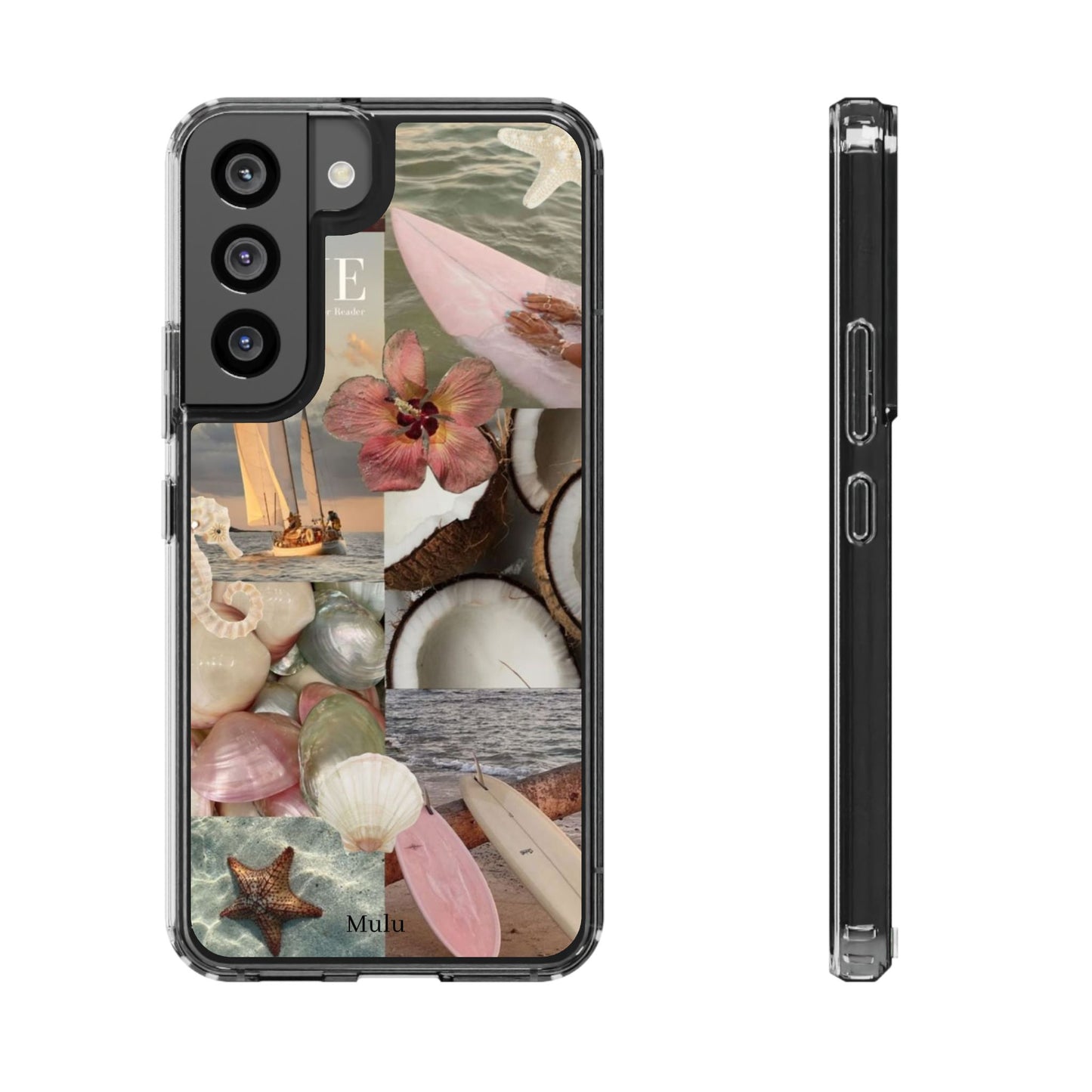 Clear Phone Case — Coastal Collage Shells & Surf Design