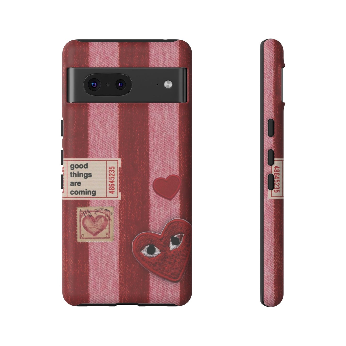Phone Case — Red Striped Heart Design with “Good Things Are Coming”
