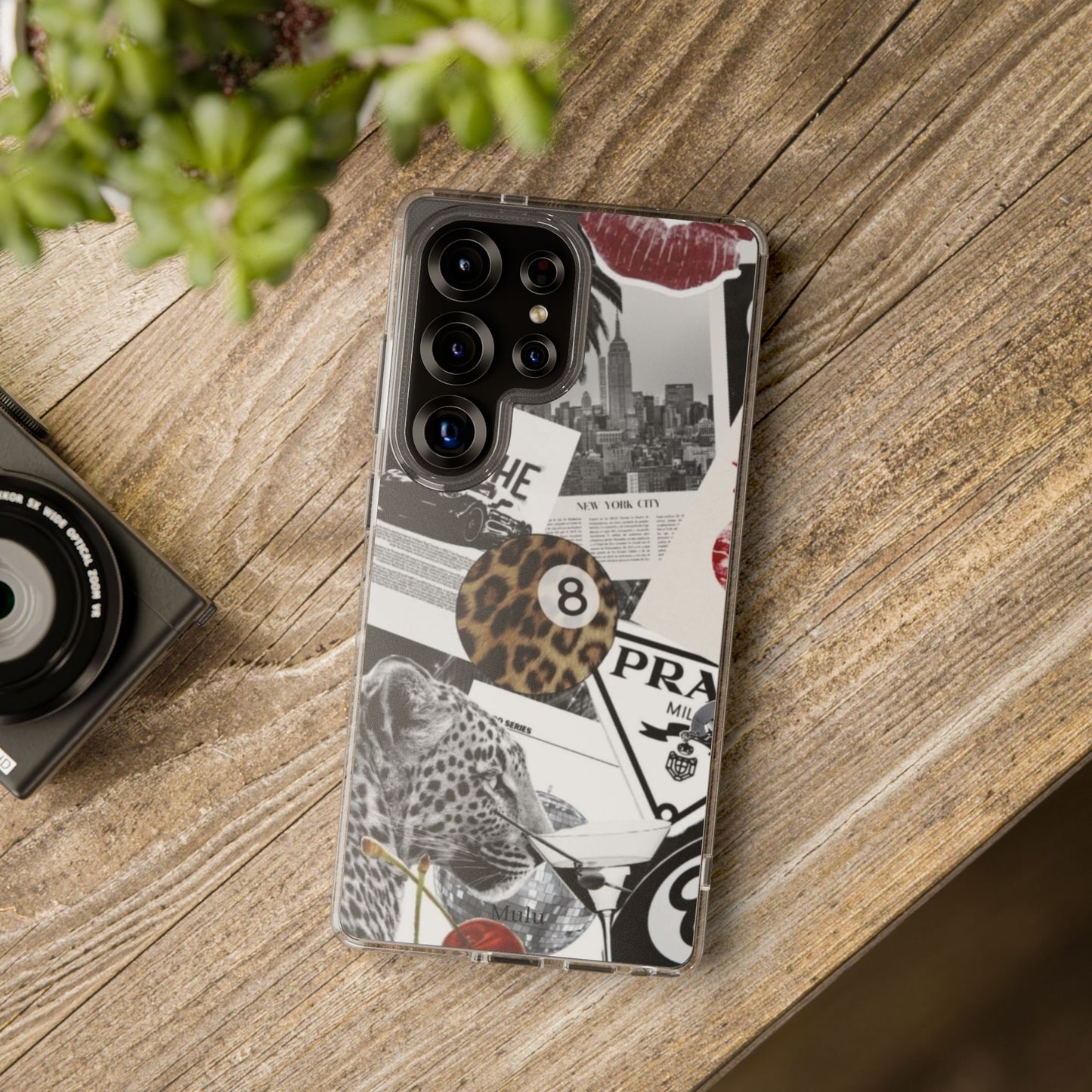 Clear Impact-Resistant Phone Case — Collage Luxury Leopard & Vintage Car Design