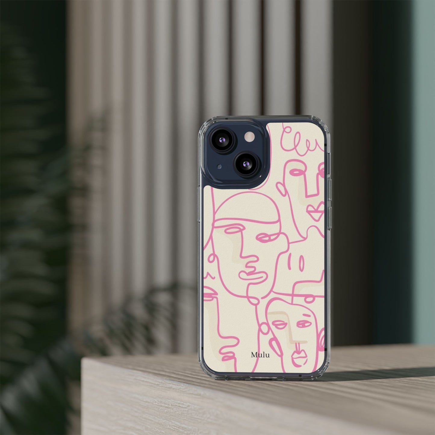 Clear Impact-Resistant Phone Case — Pink Minimalist Line Faces Design