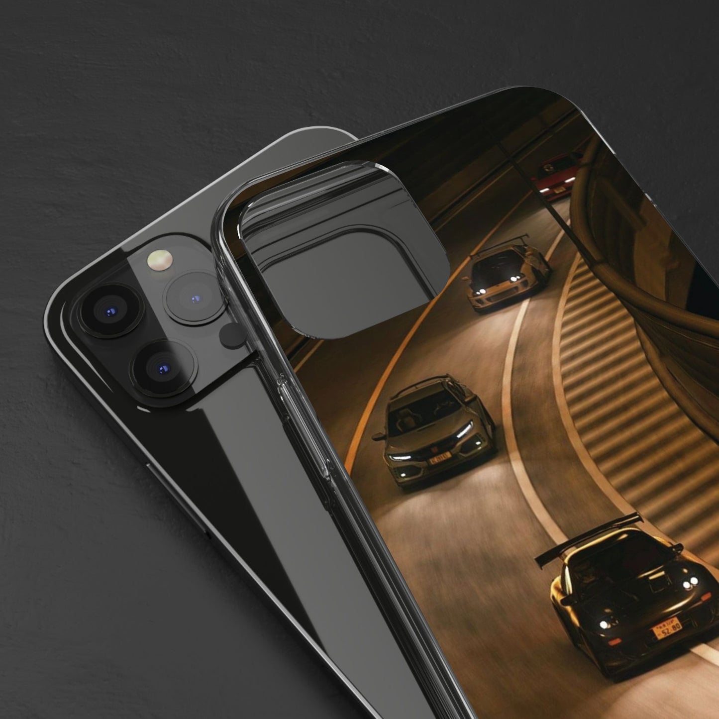 Racing Night Clear Phone Case – Sports Cars on Curved Highway