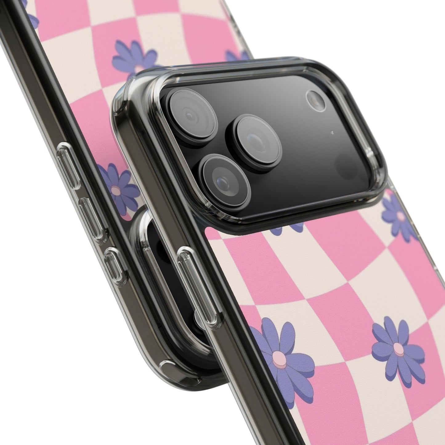 Clear Impact Phone Case — Pink Checkerboard with Purple Flowers