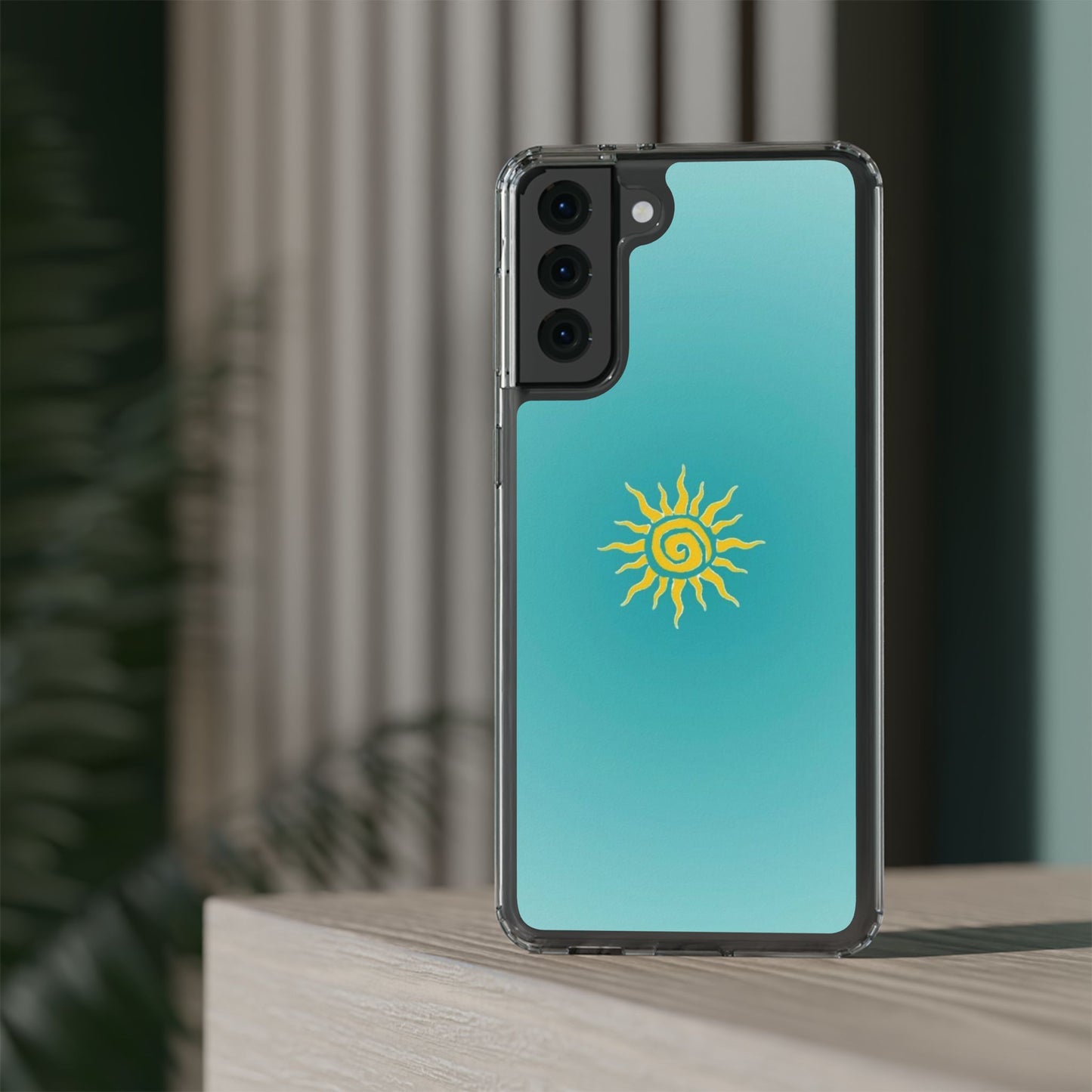 Clear Impact-Resistant Phone Case — Yellow Sun on Teal Gradient