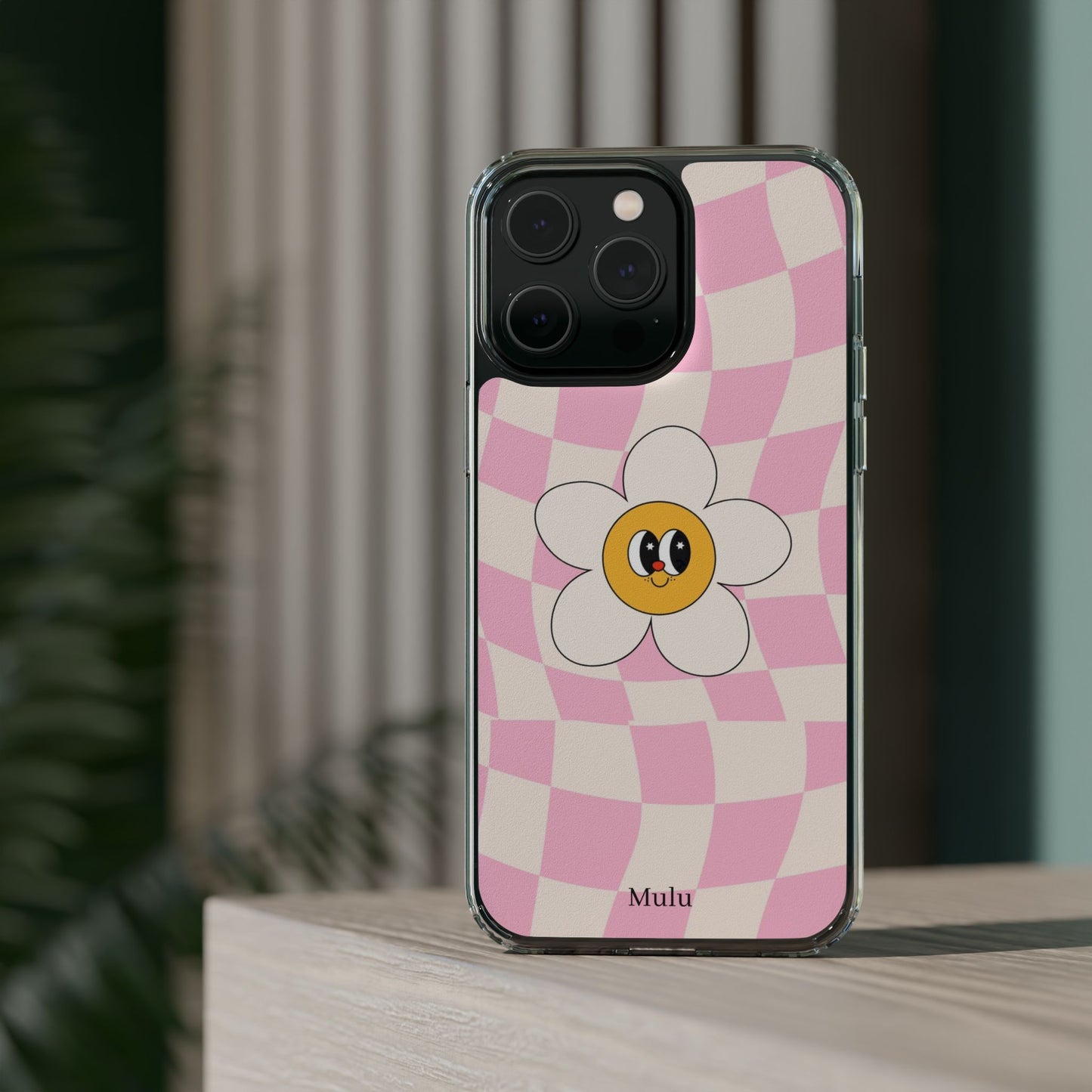 Clear Impact-Resistant Phone Case — Pink Checkerboard Daisy Design
