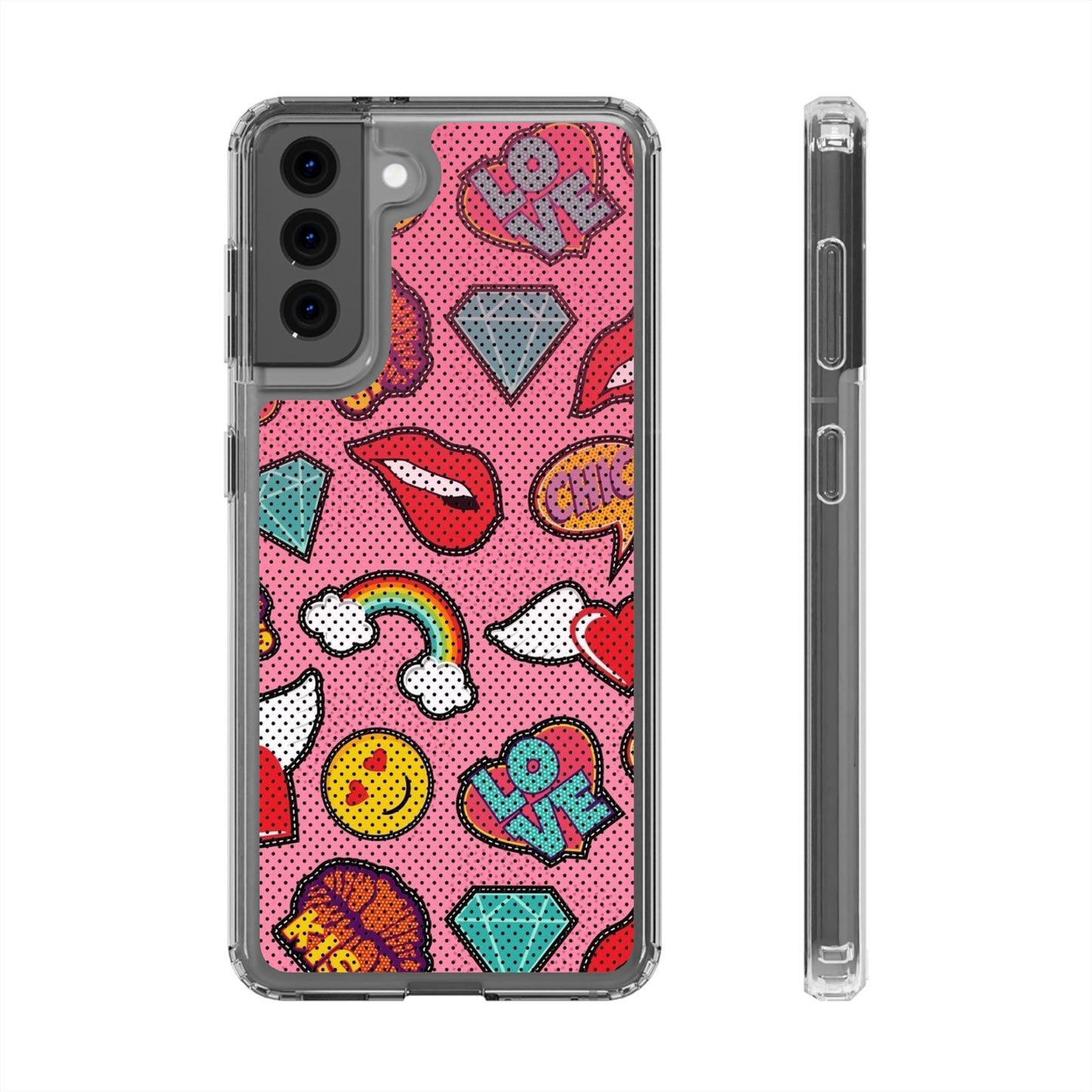 Clear Impact-Resistant Phone Case — Pink Pop Sticker Pattern (Hearts, Rainbows, Smileys)