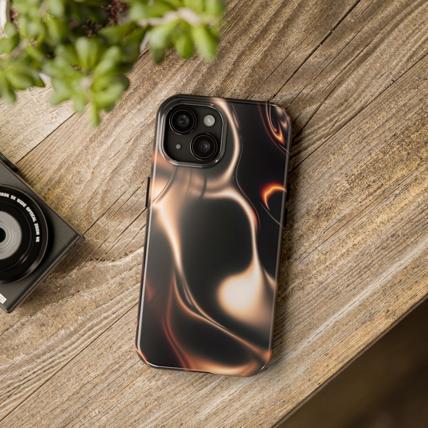 Abstract Liquid Glow Tough Phone Case — Black & Bronze Swirl Protective Cover