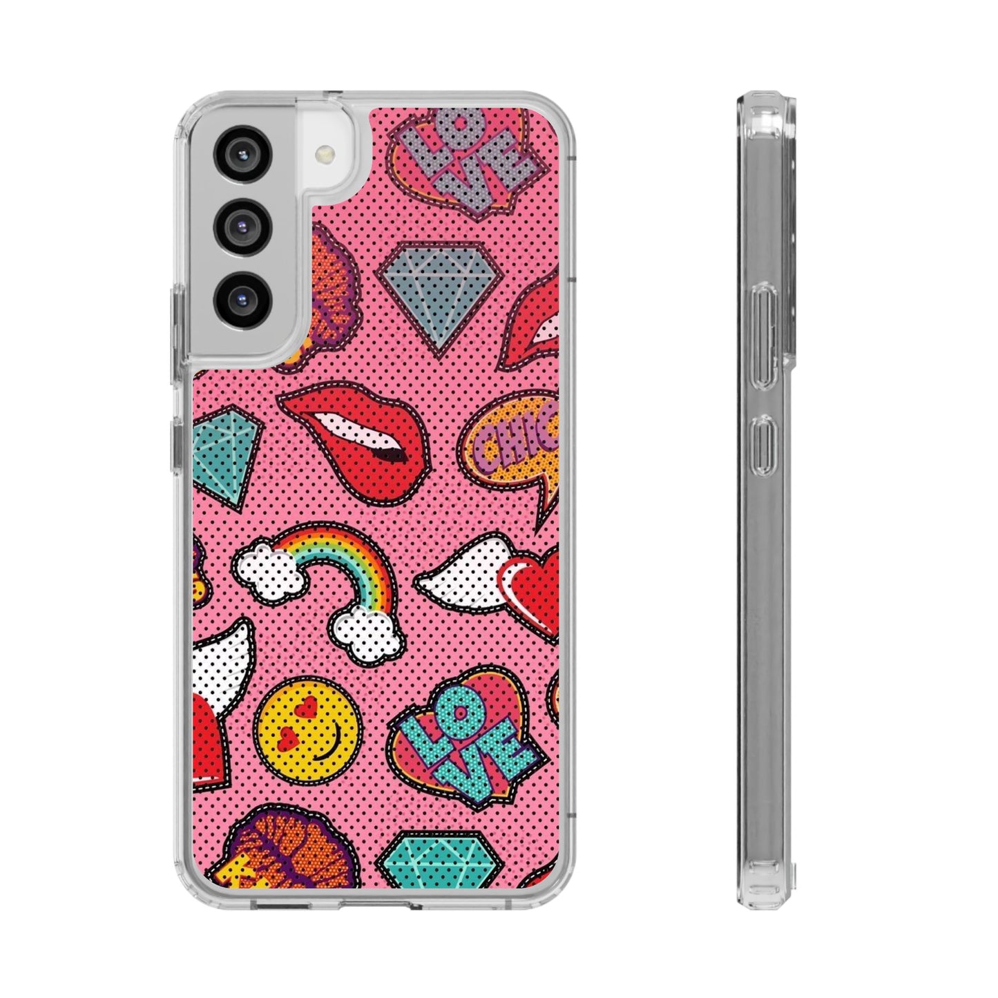 Clear Impact-Resistant Phone Case — Pink Pop Sticker Pattern (Hearts, Rainbows, Smileys)