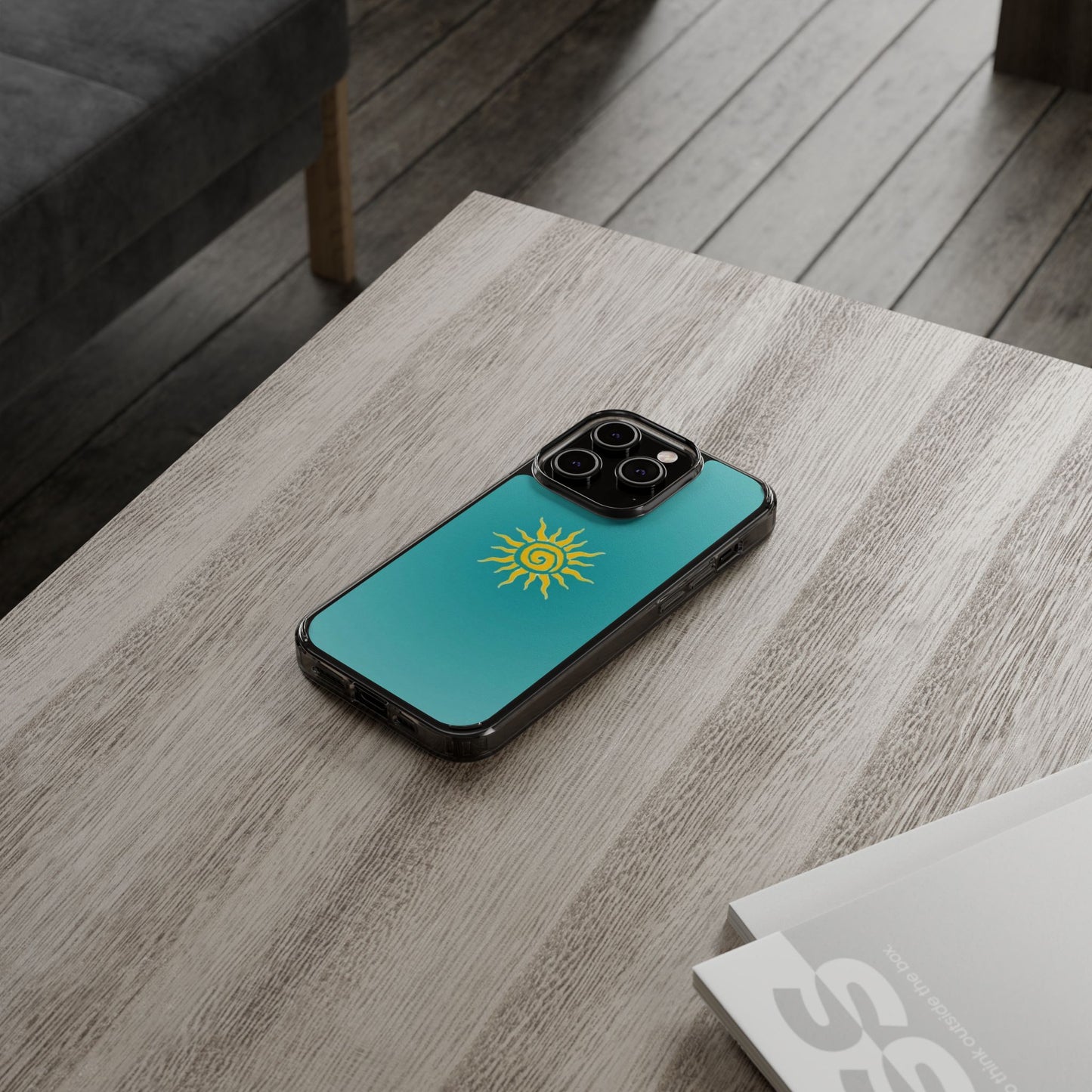 Clear Impact-Resistant Phone Case — Yellow Sun on Teal Gradient