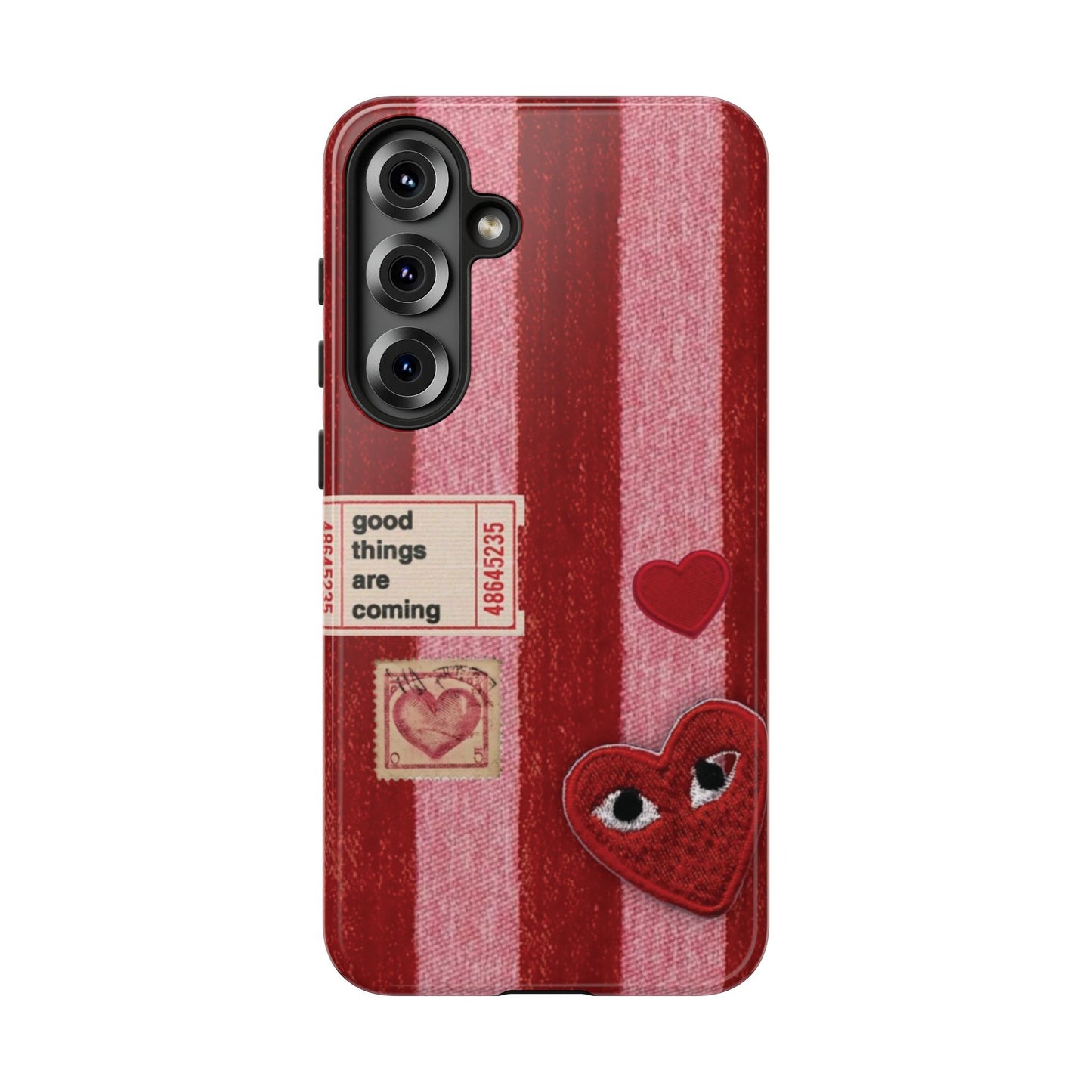 Phone Case — Red Striped Heart Design with “Good Things Are Coming”